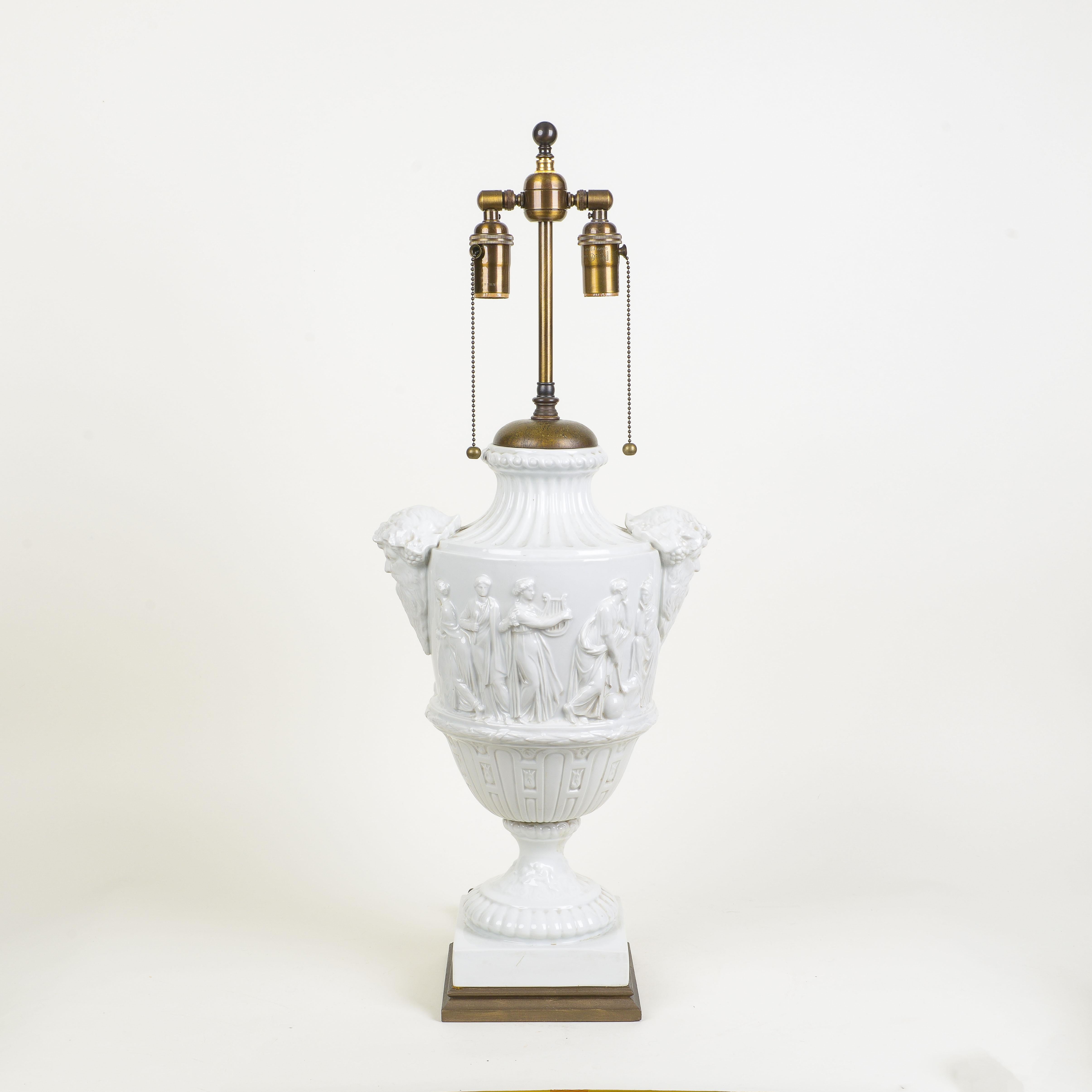 A Large Neoclassical White Ceramic Urn as Table Lamp In Excellent Condition For Sale In New York, NY