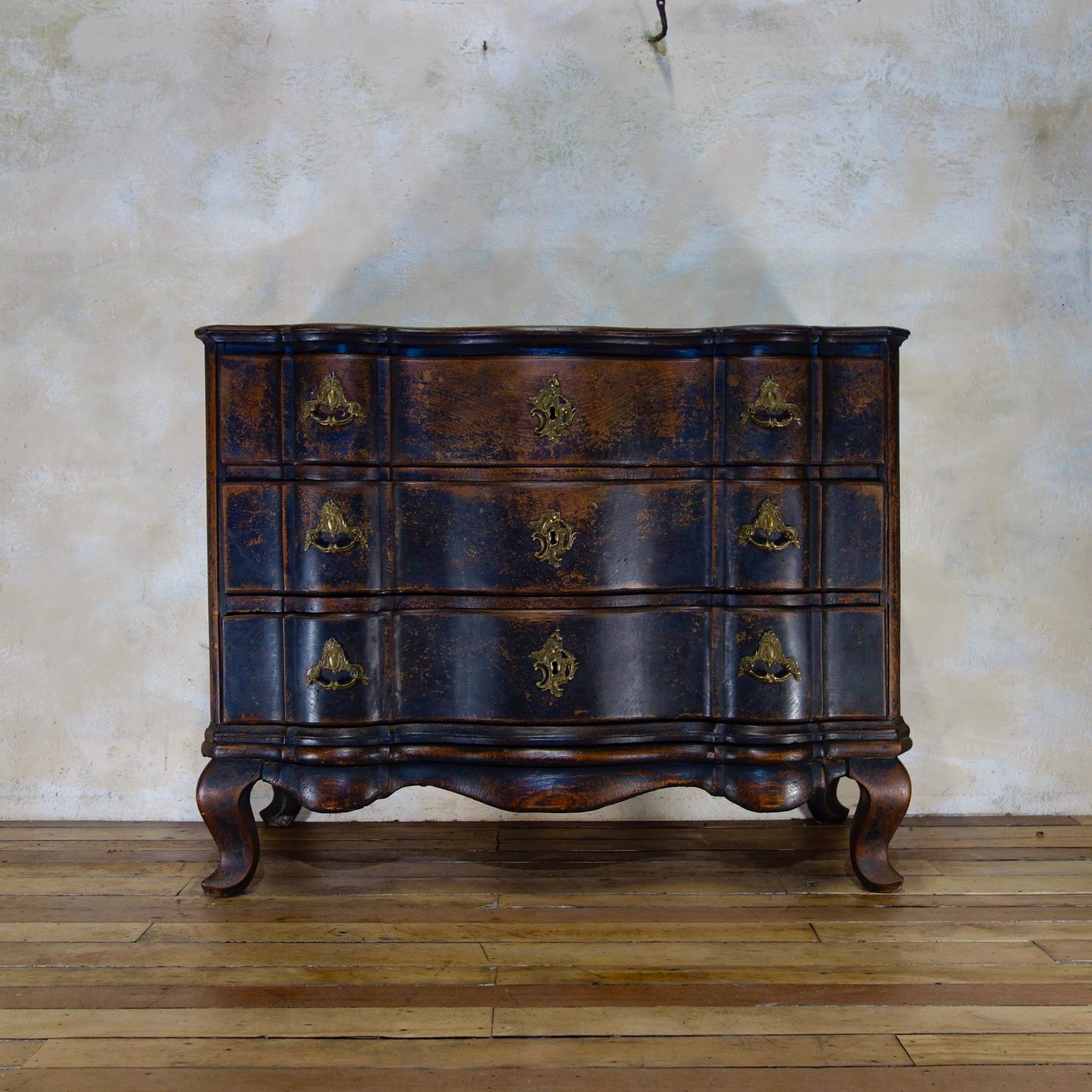 Italian A Large 18th Century Danish Baroque Ebonized Commode Painted Chest of Drawers