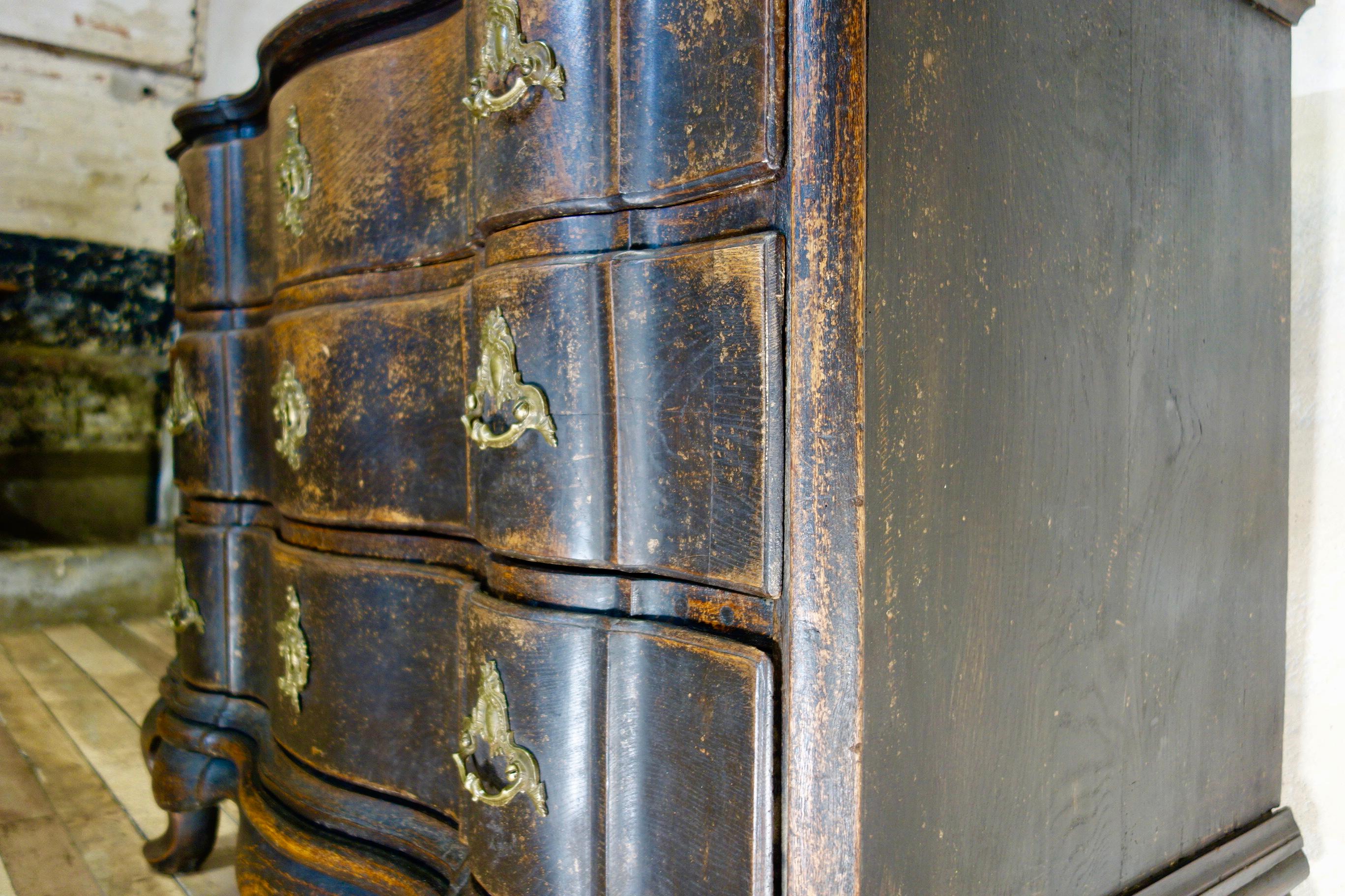 Oak A Large 18th Century Danish Baroque Ebonized Commode Painted Chest of Drawers