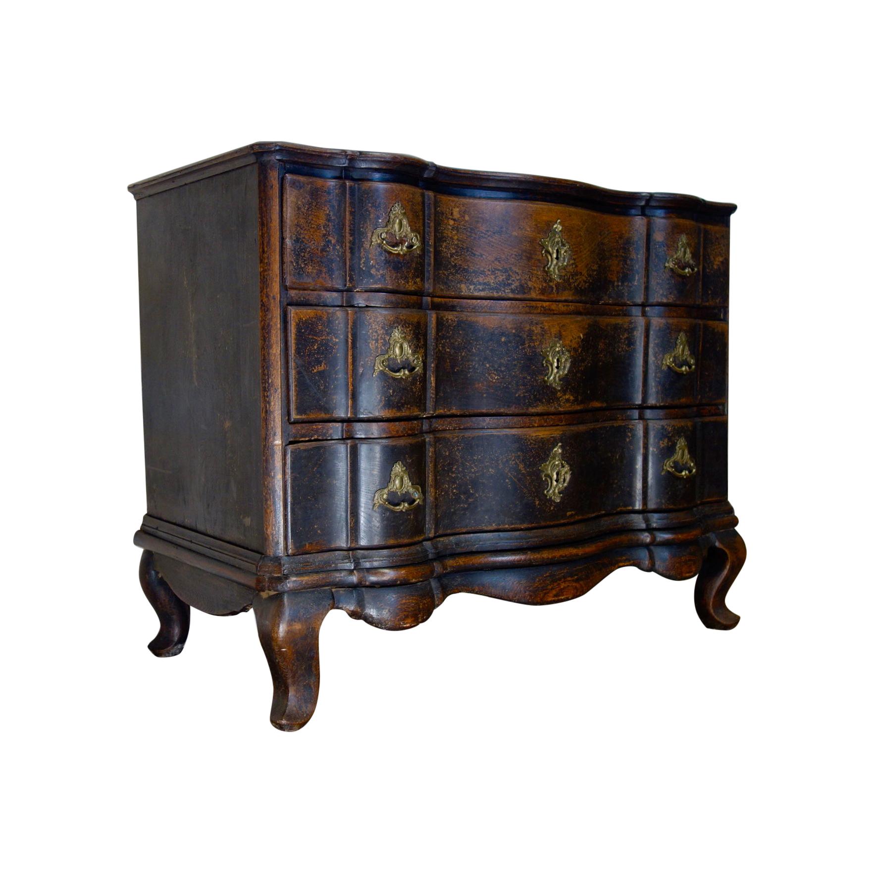 A Large 18th Century Danish Baroque Ebonized Commode Painted Chest of Drawers