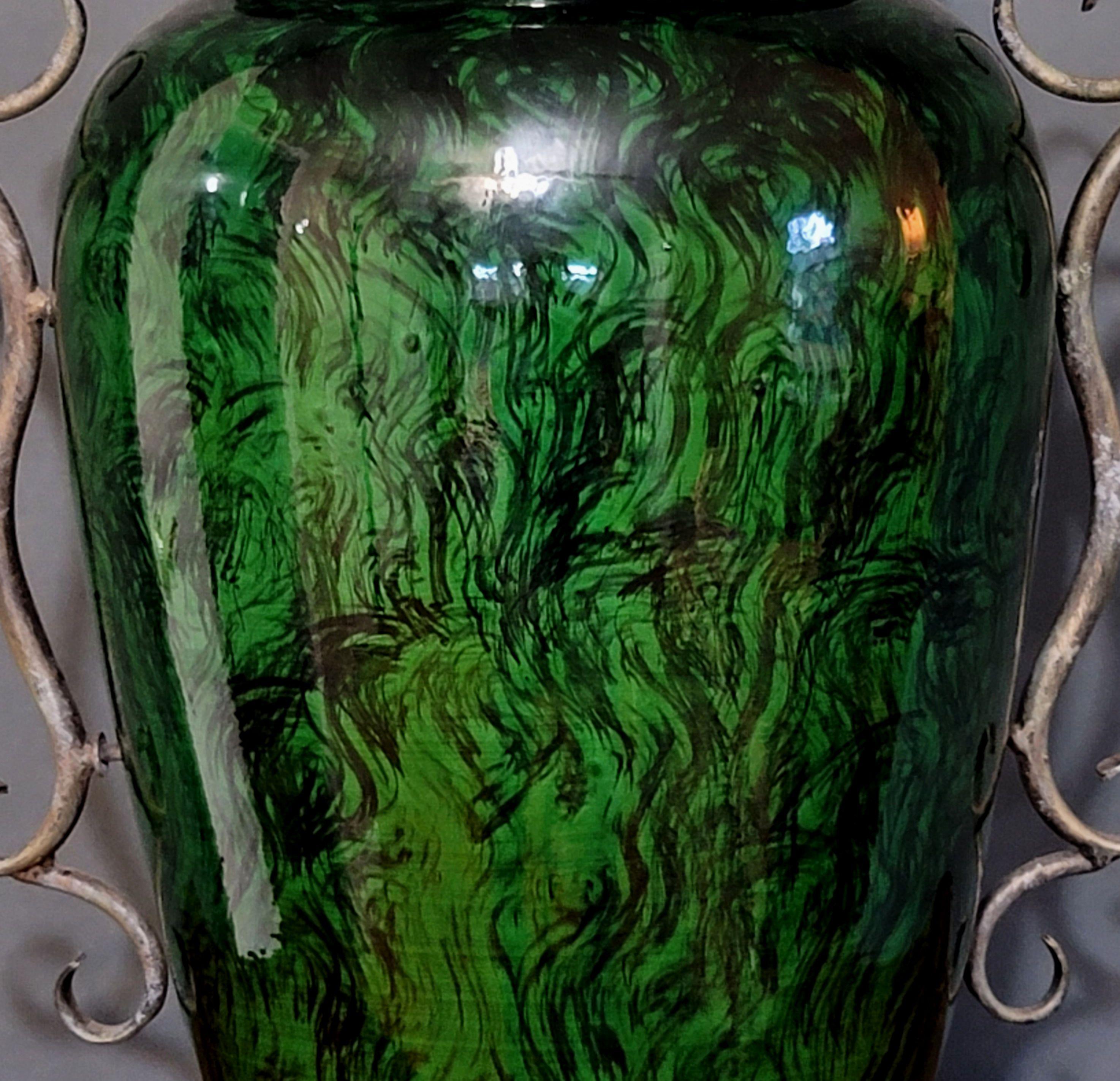 American Large of Faux Malachite Art Pottery Handled Vase For Sale