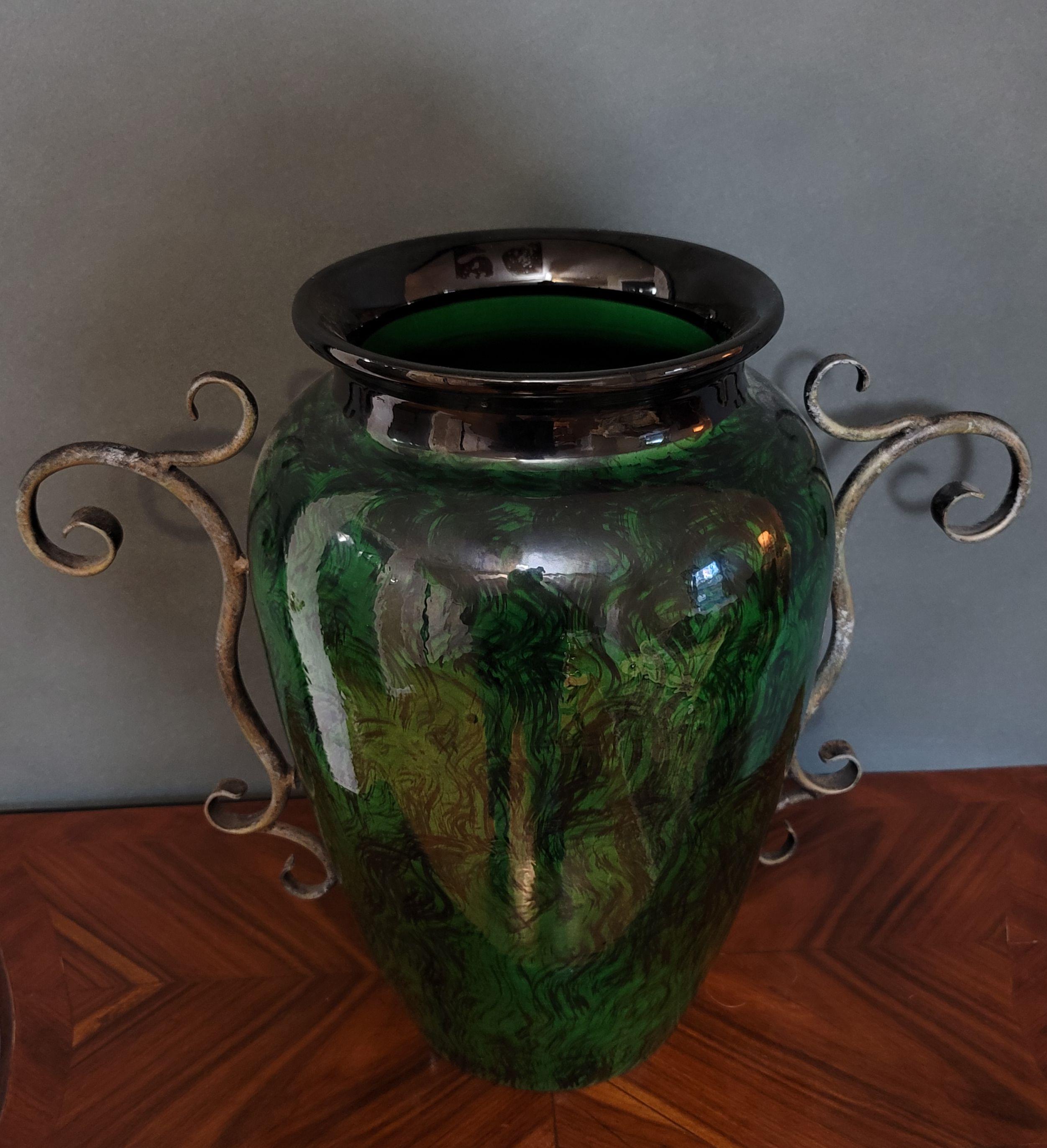 Porcelain Large of Faux Malachite Art Pottery Handled Vase For Sale