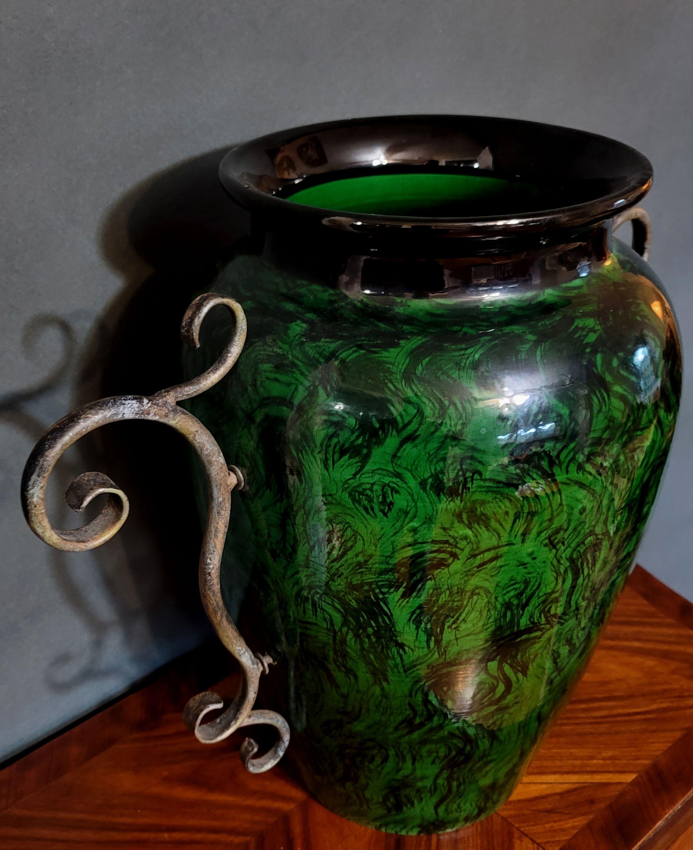 Large of Faux Malachite Art Pottery Handled Vase For Sale 1
