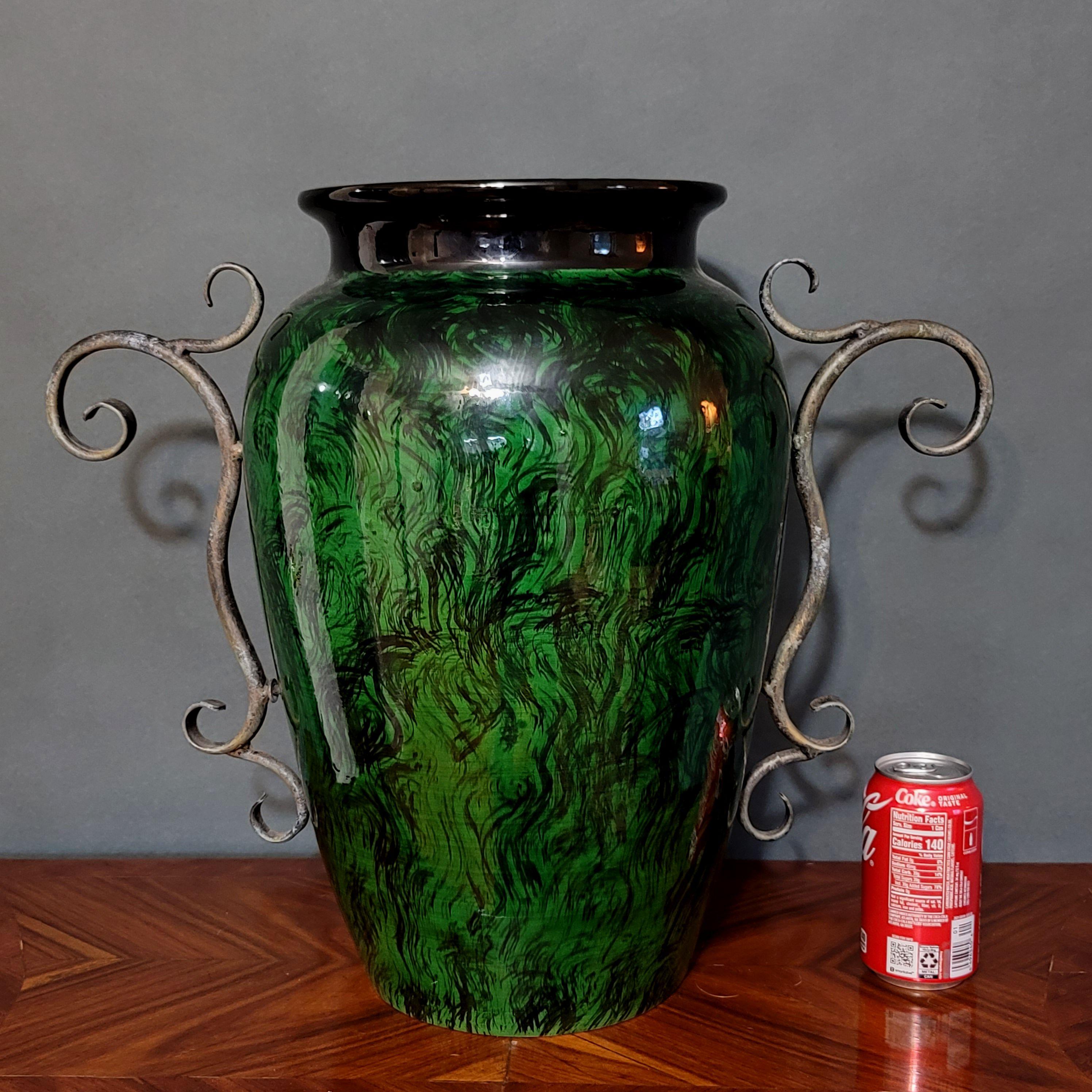 Large of Faux Malachite Art Pottery Handled Vase For Sale 2