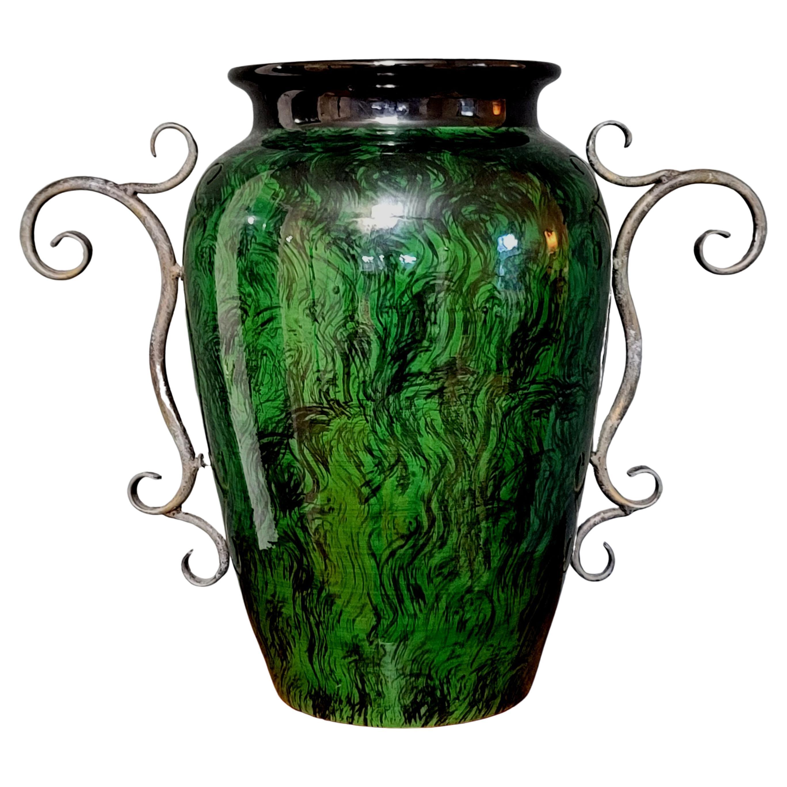 Large of Faux Malachite Art Pottery Handled Vase For Sale