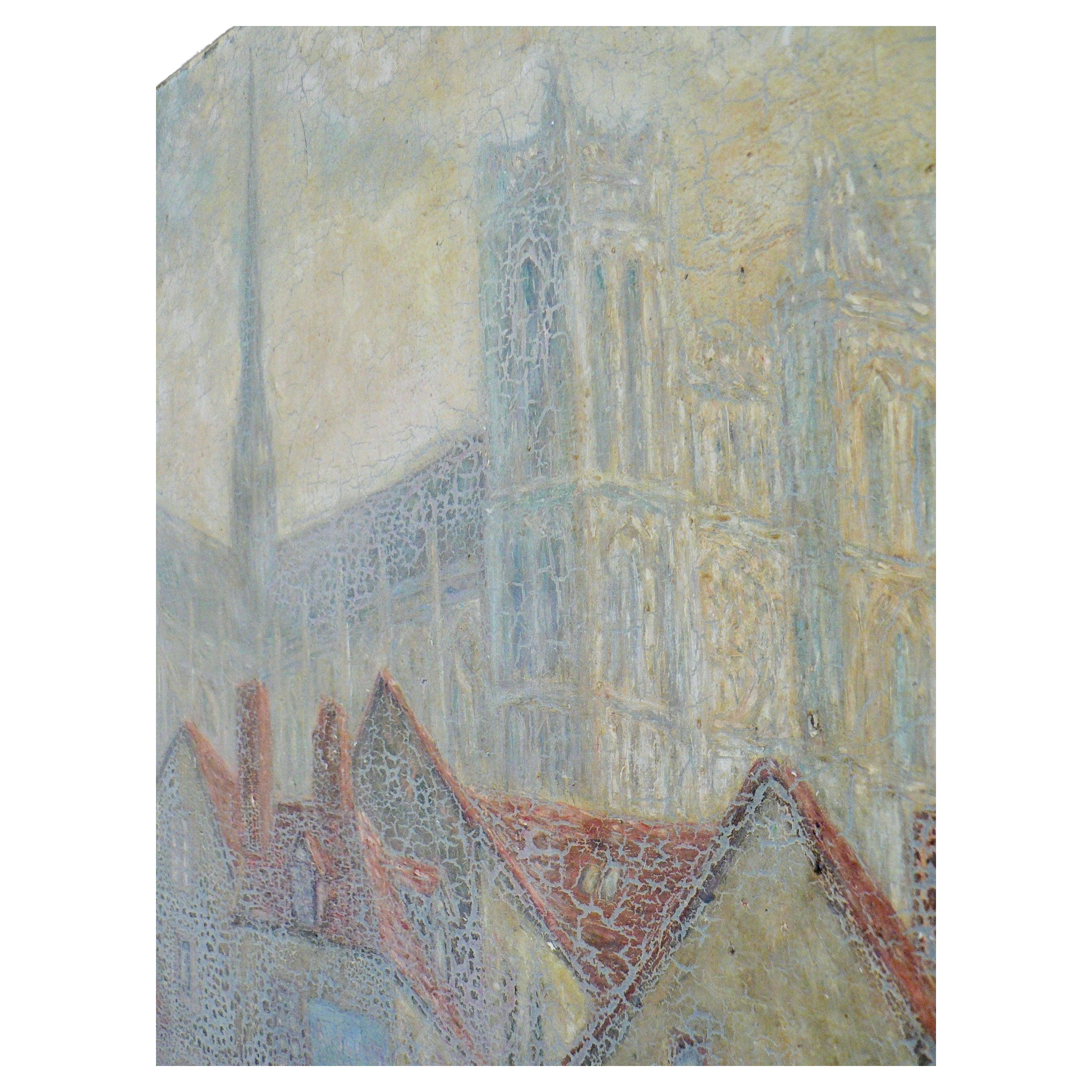 A huge impressionist oil painting on canvas dating back to 1939. Capturing the grandeur of Amiens Cathedral viewed from Pont Piperesse, this masterpiece offers a picturesque scene of French daily life.

Enhanced by decades spent tucked away in an