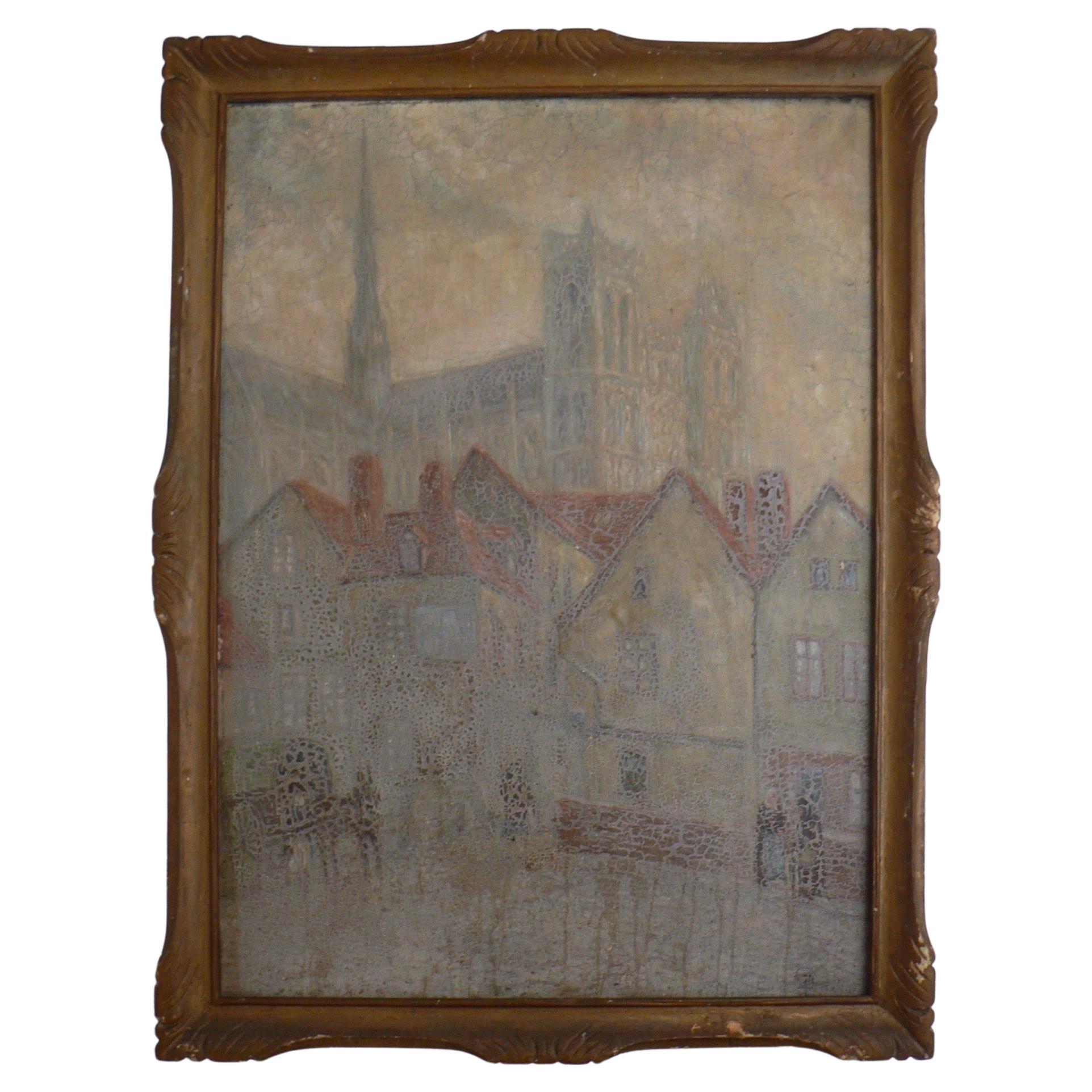 A large oil on canvas from "La Cathédrale d'Amiens" 1939 France For Sale