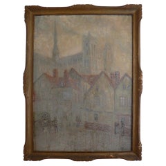 Grande huile sur toile de "La Cathédrale d'Amiens" 1939 France