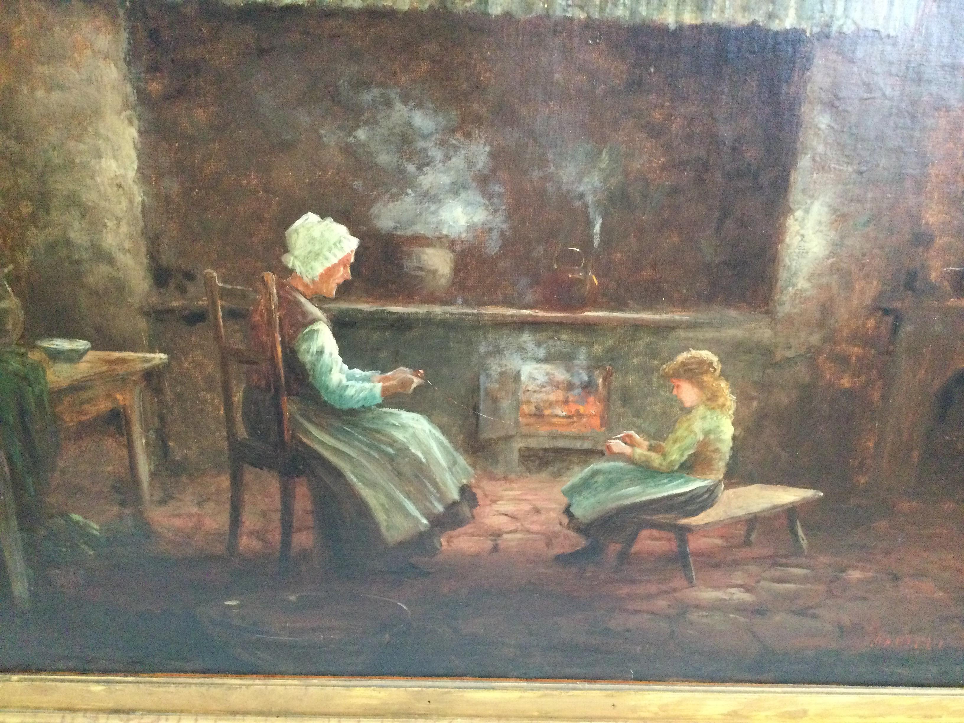 A large oil painting on canvas of an interior scene of mother and daughter in front of a fireplace doing needlework. The warm tones from the fire reflected on them creates an intimate mood. The elaborate giltwood frame is original. The painting has