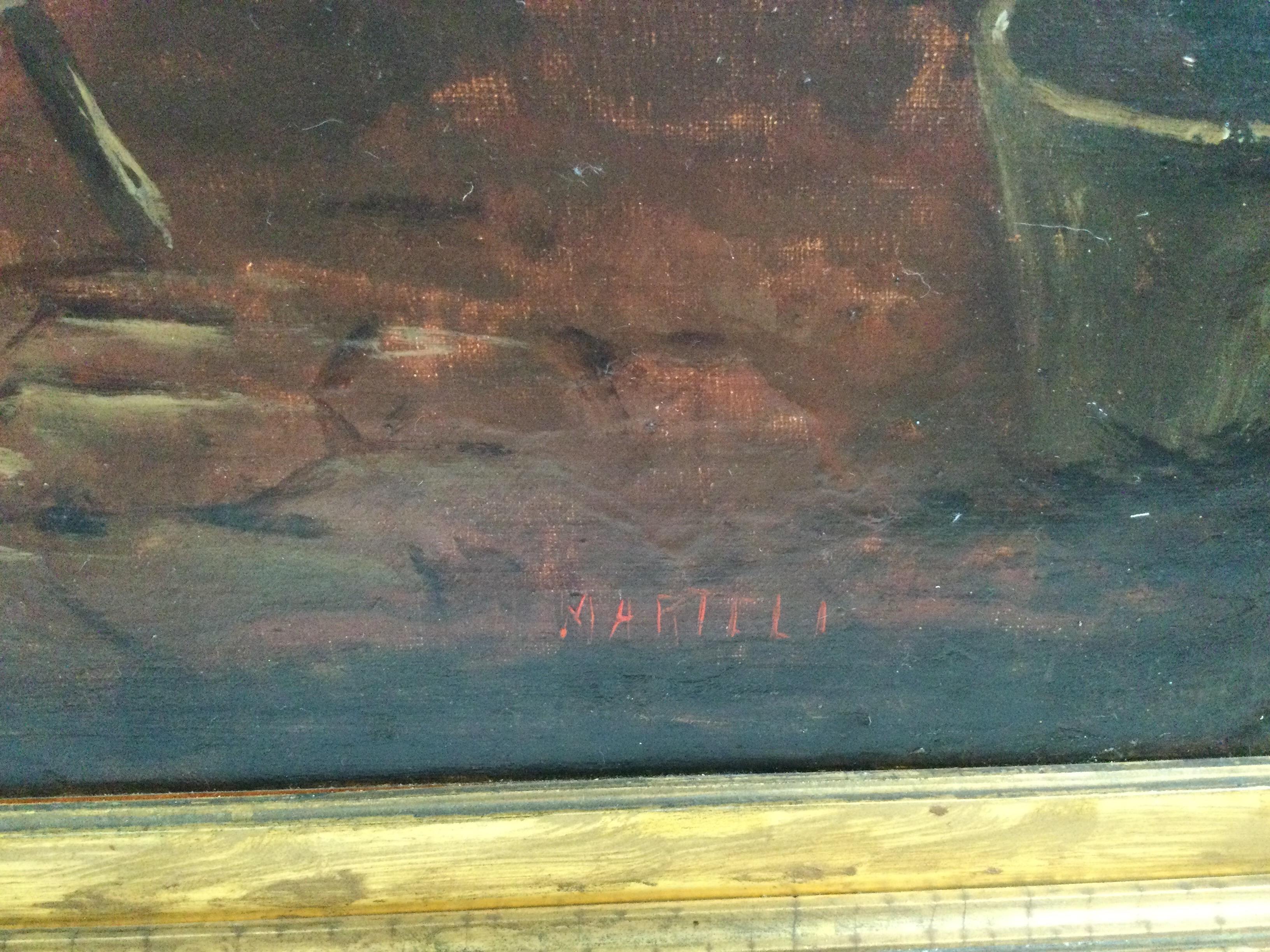 Peint à la main Grande huile sur toile - Scène d'intérieur dans un cadre doré d'origine signé Marteli en vente