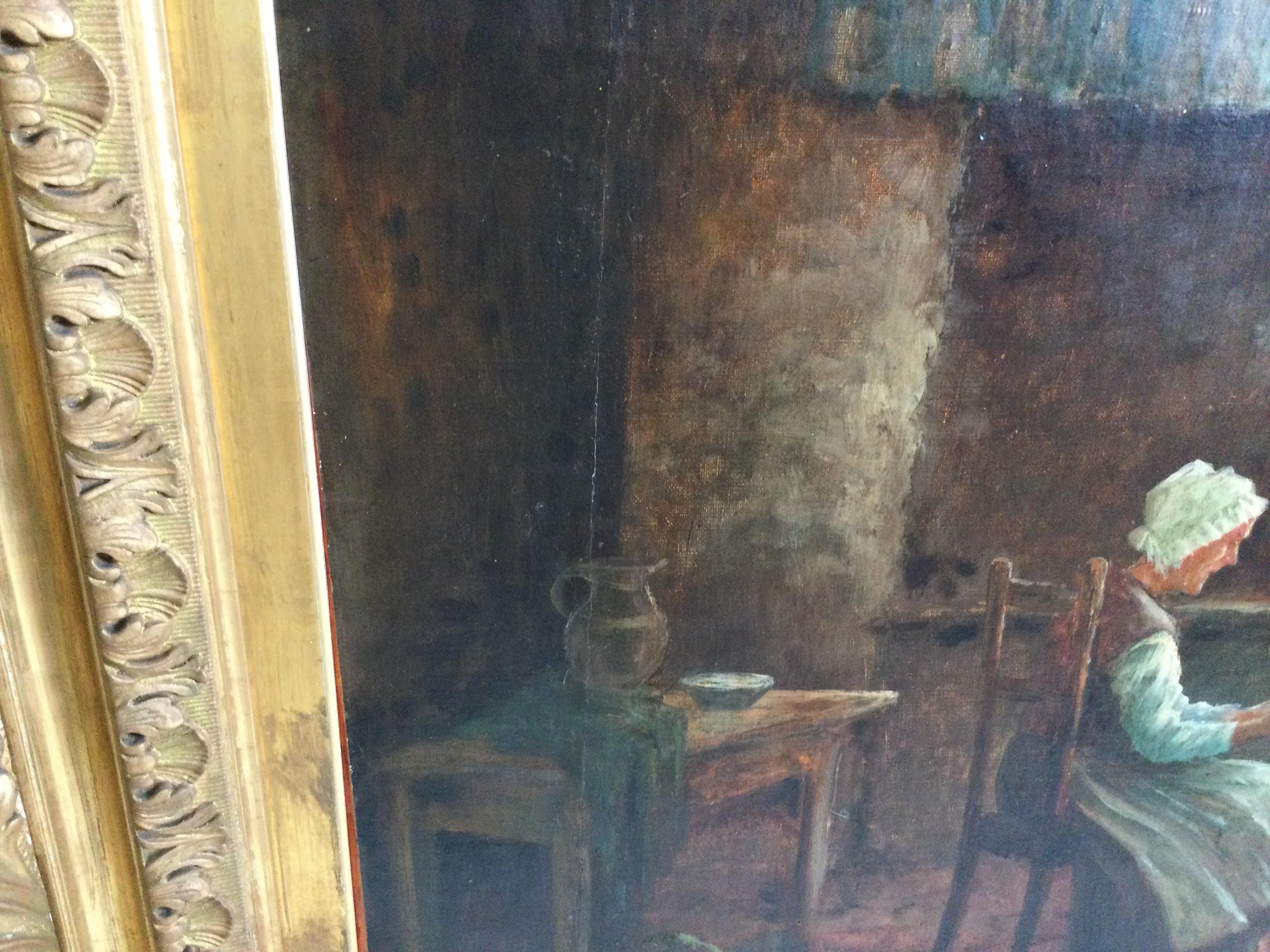 Grande huile sur toile - Scène d'intérieur dans un cadre doré d'origine signé Marteli Bon état - En vente à Lambertville, NJ