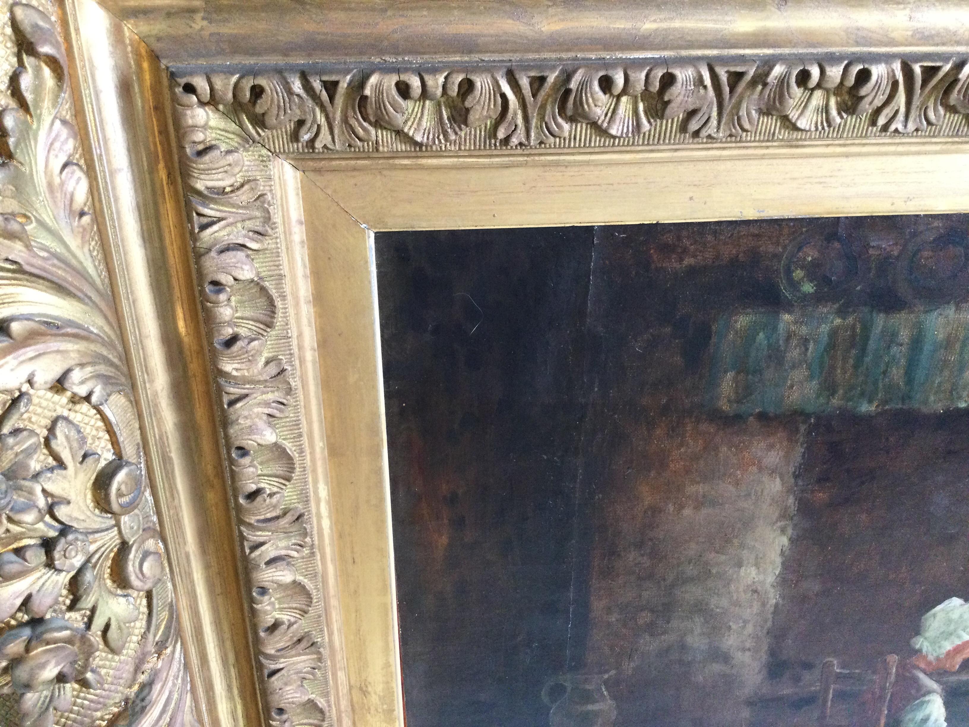 Fin du XIXe siècle Grande huile sur toile - Scène d'intérieur dans un cadre doré d'origine signé Marteli en vente