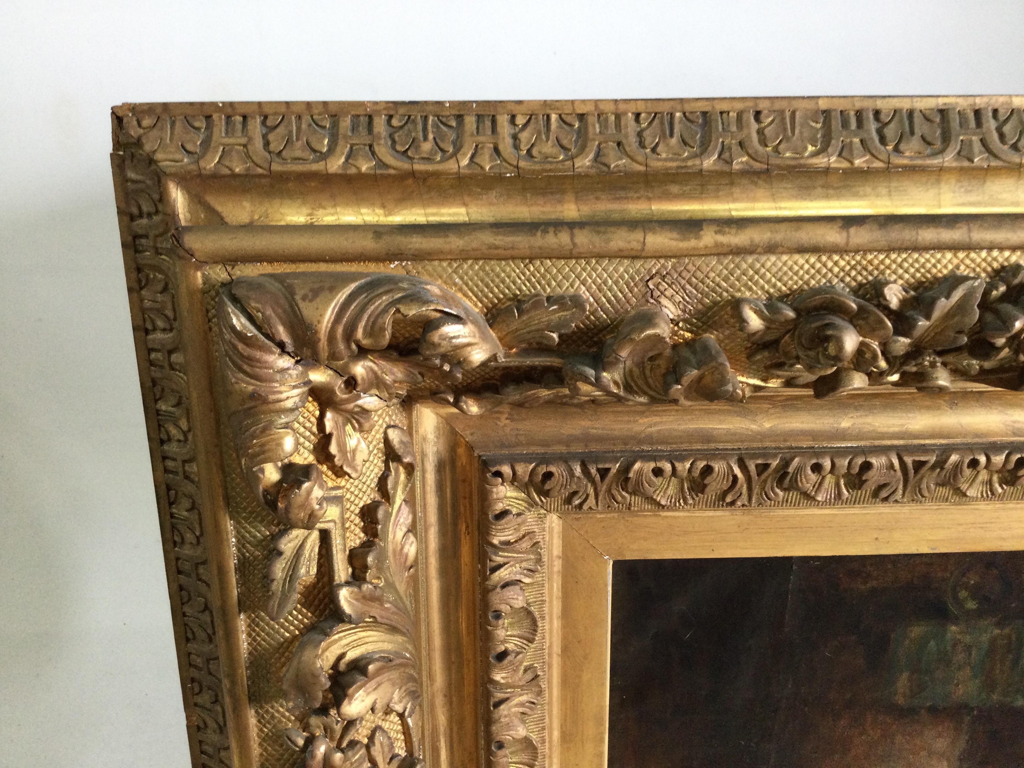 Toile Grande huile sur toile - Scène d'intérieur dans un cadre doré d'origine signé Marteli en vente