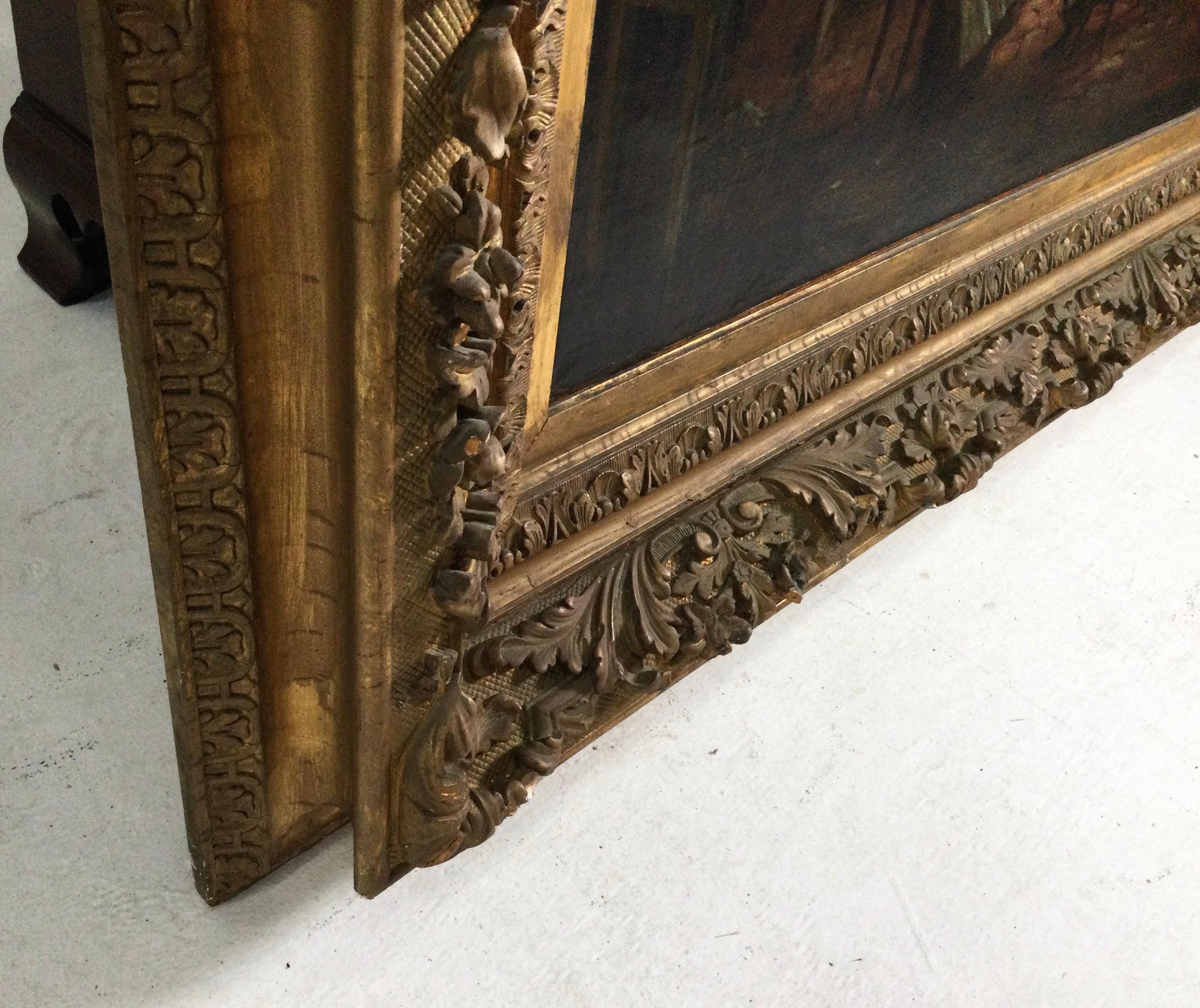 Grande huile sur toile - Scène d'intérieur dans un cadre doré d'origine signé Marteli en vente 2