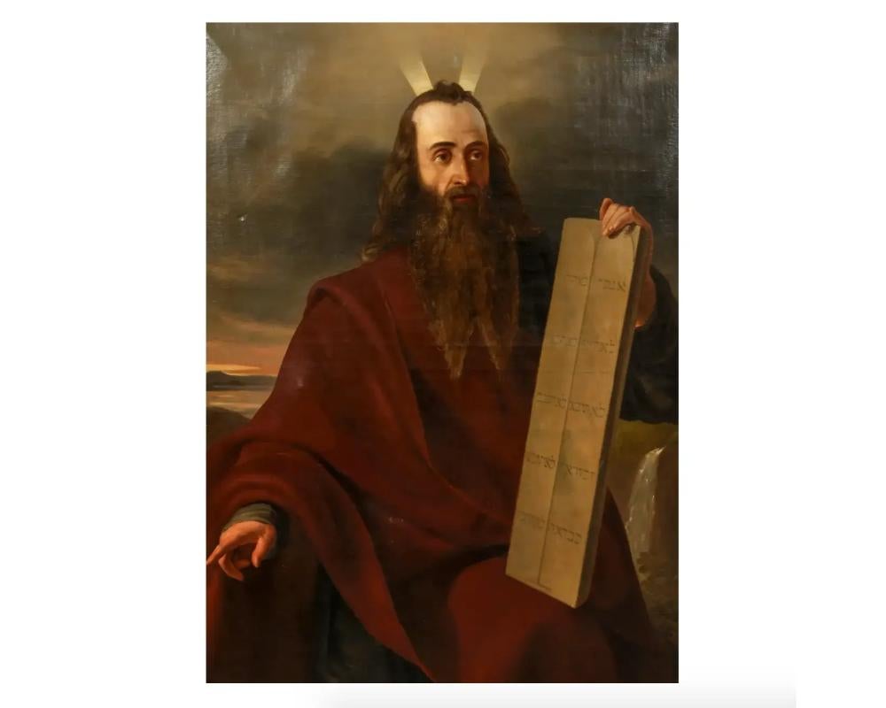A large oil on canvas painting of moses with the 10 commandments signed by Artist Gustav Dittenberger

Dittenberger, signed by artist to Gustav (Austrian/Russian 1794 - 1879),

Moses, circa 1850, oil on canvas, 52 x 37.5 inches, signed lower