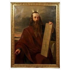 Antique Large Oil on Canvas Painting of Moses with the 10 Commandments Signed by Artis