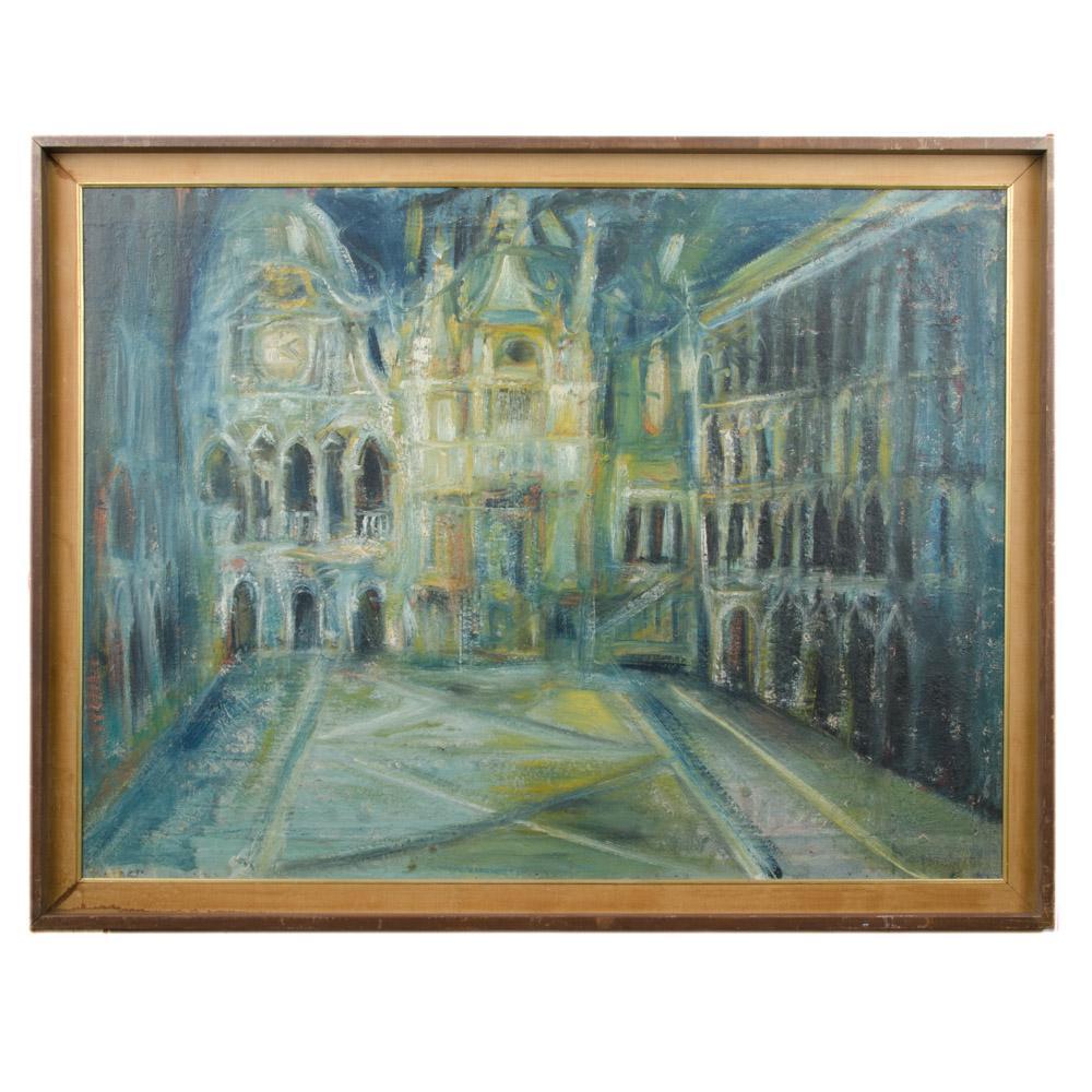 A large oil on masonite painting depicting a city view painting featuring a clock tower. Unsigned.
Frame: 52.5