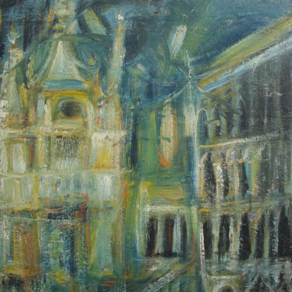 20th Century A large oil on masonite painting depicting a city view painting For Sale