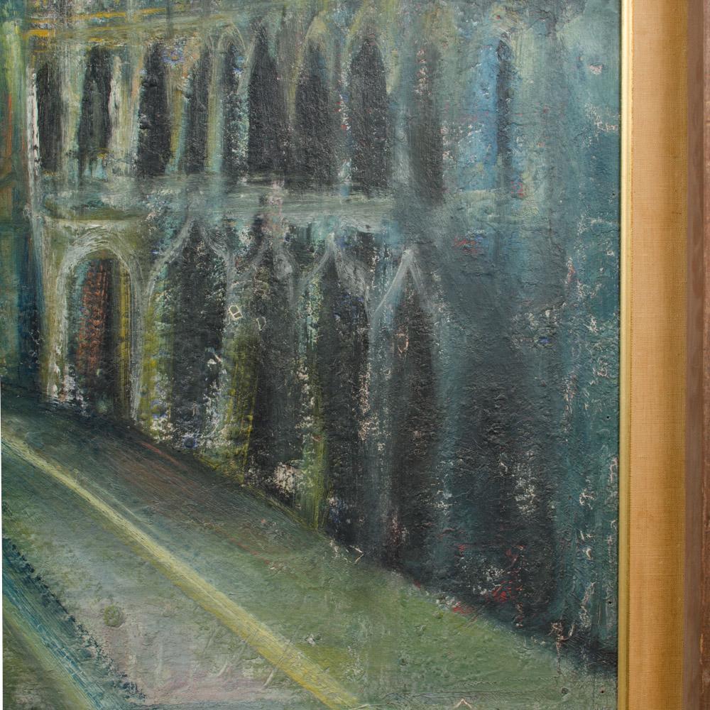 Masonite A large oil on masonite painting depicting a city view painting  For Sale