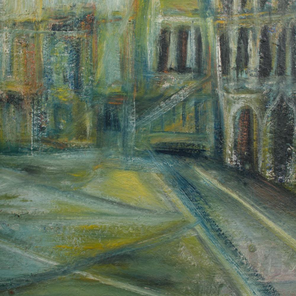A large oil on masonite painting depicting a city view painting  For Sale 1