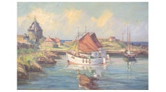 Large Oil Painting On Canvas With Motif Of Fishing Boats Near Shore From 1930s
