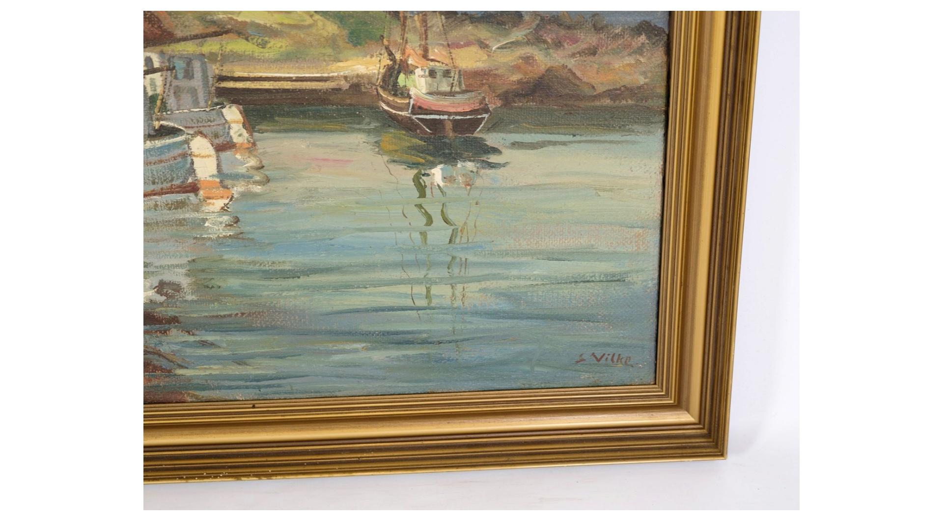 Scandinavian Modern Large Oil Painting On Canvas With Motif Of Fishing Boats Near Shore From 1930s For Sale