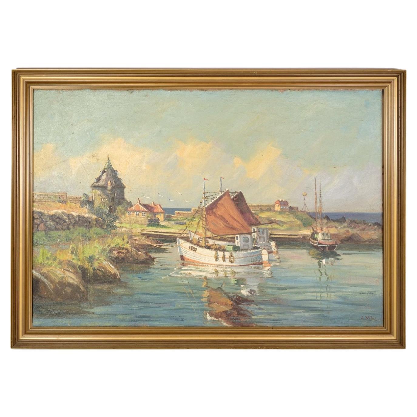 Grande peinture à l'huile sur toile avec motif de bateaux de pêche en arrière-cour des années 1930