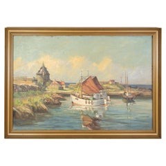 Large Oil Painting on Canvas with Motif of Fishing Boats Near Shore