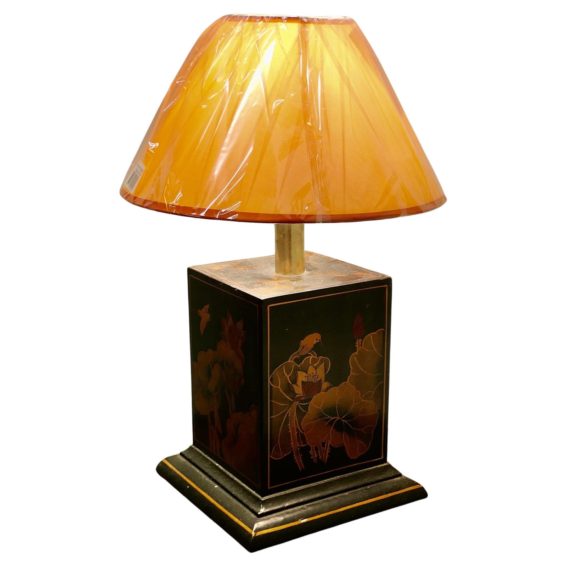 A Large Oriental Lacquer Cube Sideboard Lamp  The lamp is made in Wood and Brass