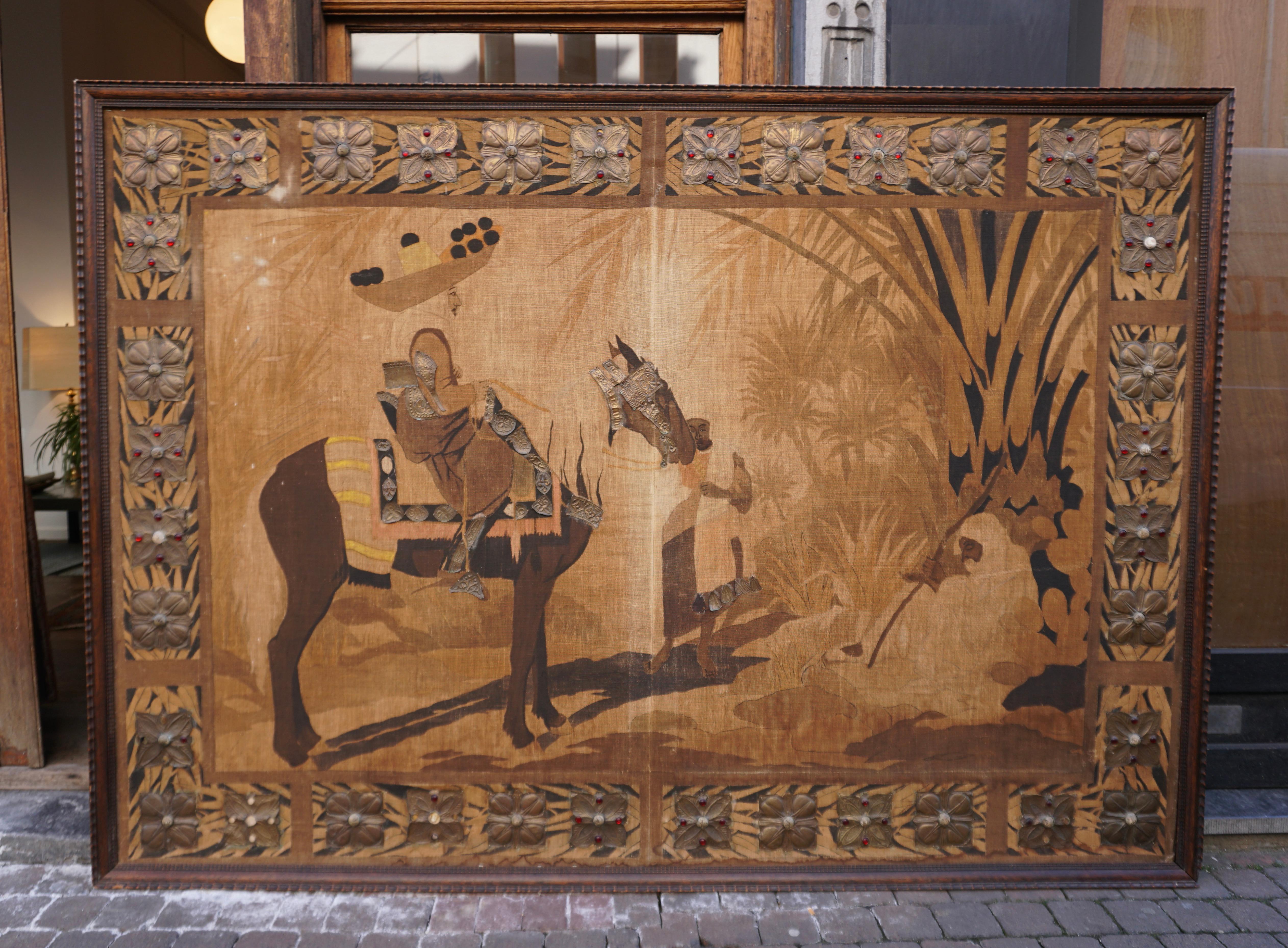 Monumental Orientalist Art Nouveau Wall Panel with Repoussé Copper Appliqué, c. 1900

An extraordinary, large-scale Orientalist wall panel, produced in Europe around 1900, blending the romanticized imagery of the Orient with the decorative elegance