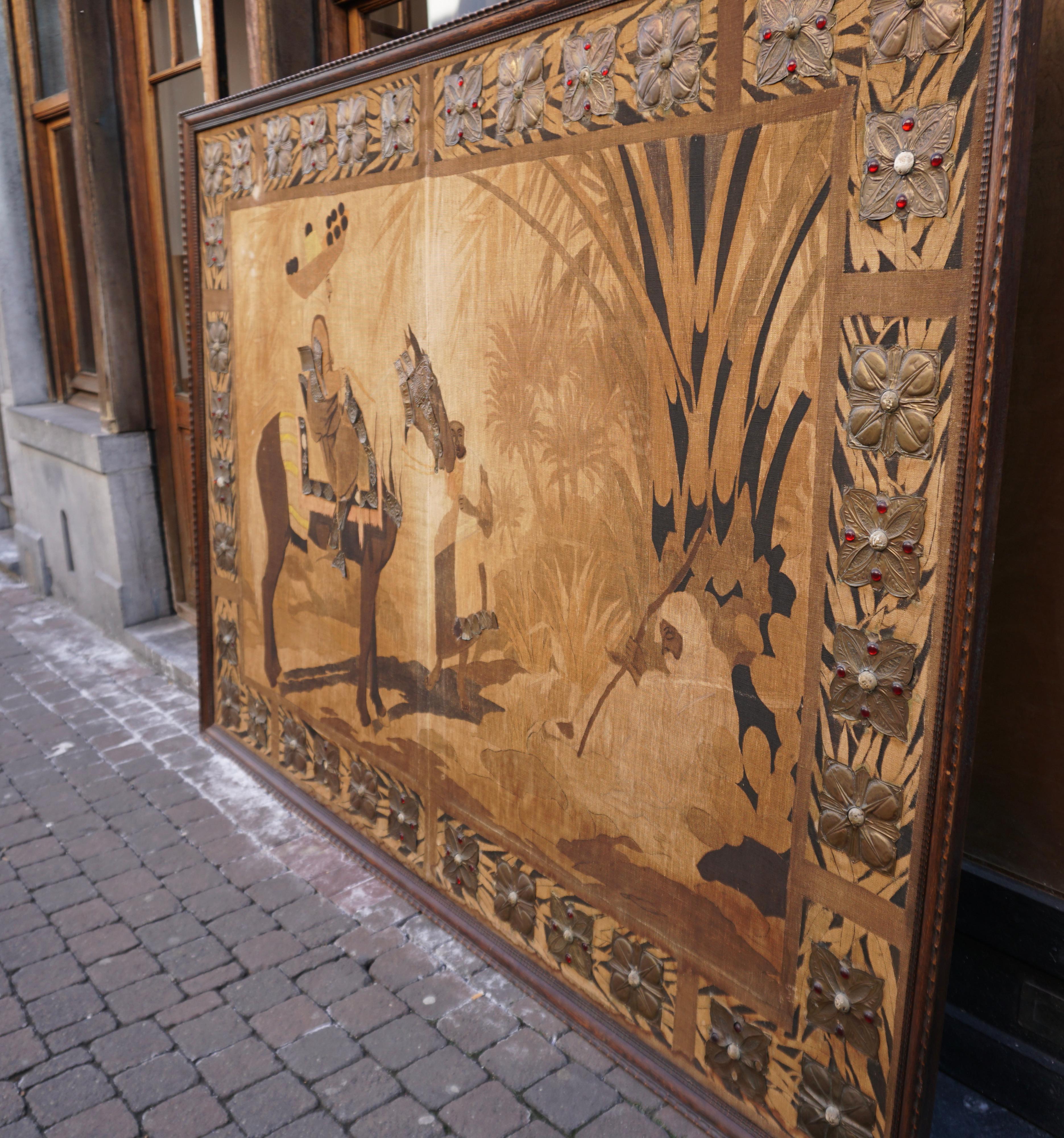 Belgian Monumental Orientalist Art Nouveau Wall Panel with Repoussé Copper Appliqué, c. For Sale