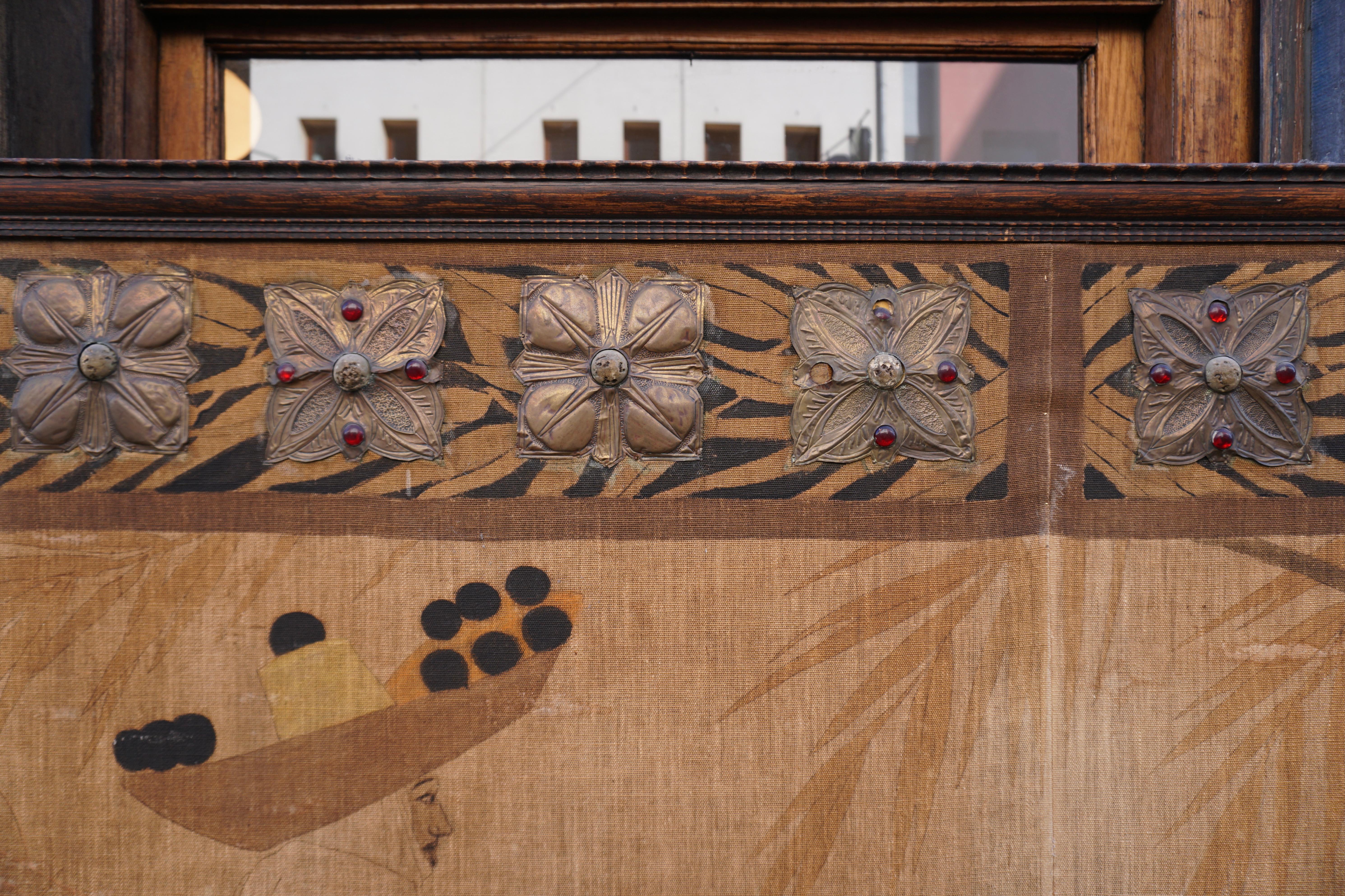 Wood Monumental Orientalist Art Nouveau Wall Panel with Repoussé Copper Appliqué, c. For Sale