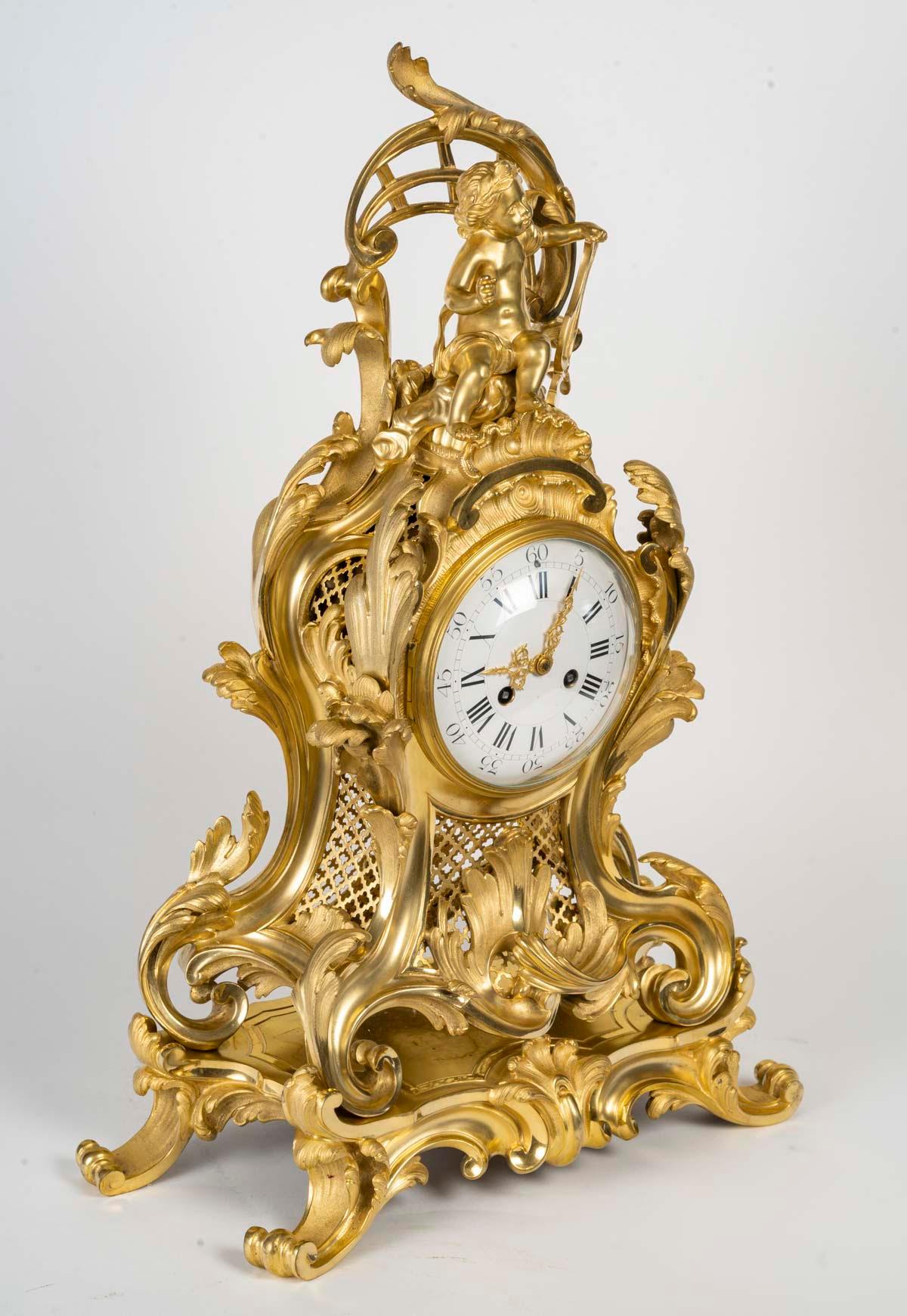 Gilt A Large Ormolu and Chased Cartel Clock in the Louis XV Style, 19th Century. For Sale