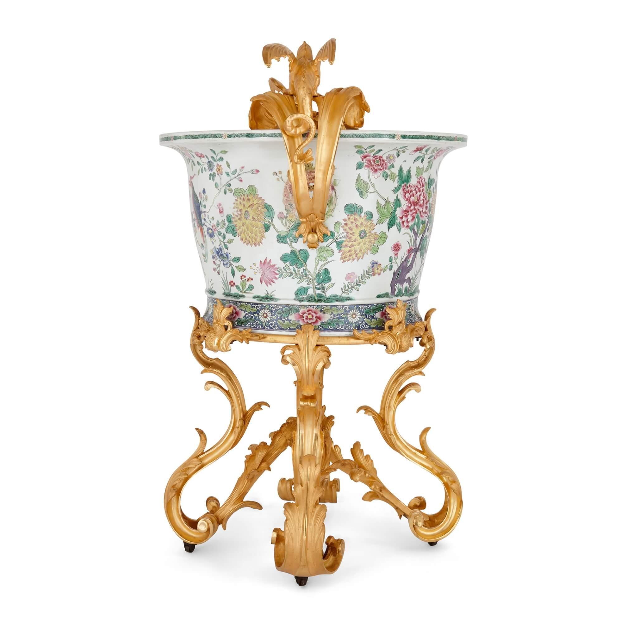 A large ormolu mounted Chinese porcelain jardinière
French and Chinese, Late 19th Century
Height 102cm, width 80cm, depth 63cm

Combining Chinese porcelain with French metalwork in the form of gilt-bronze mounts, this excellent decorative piece