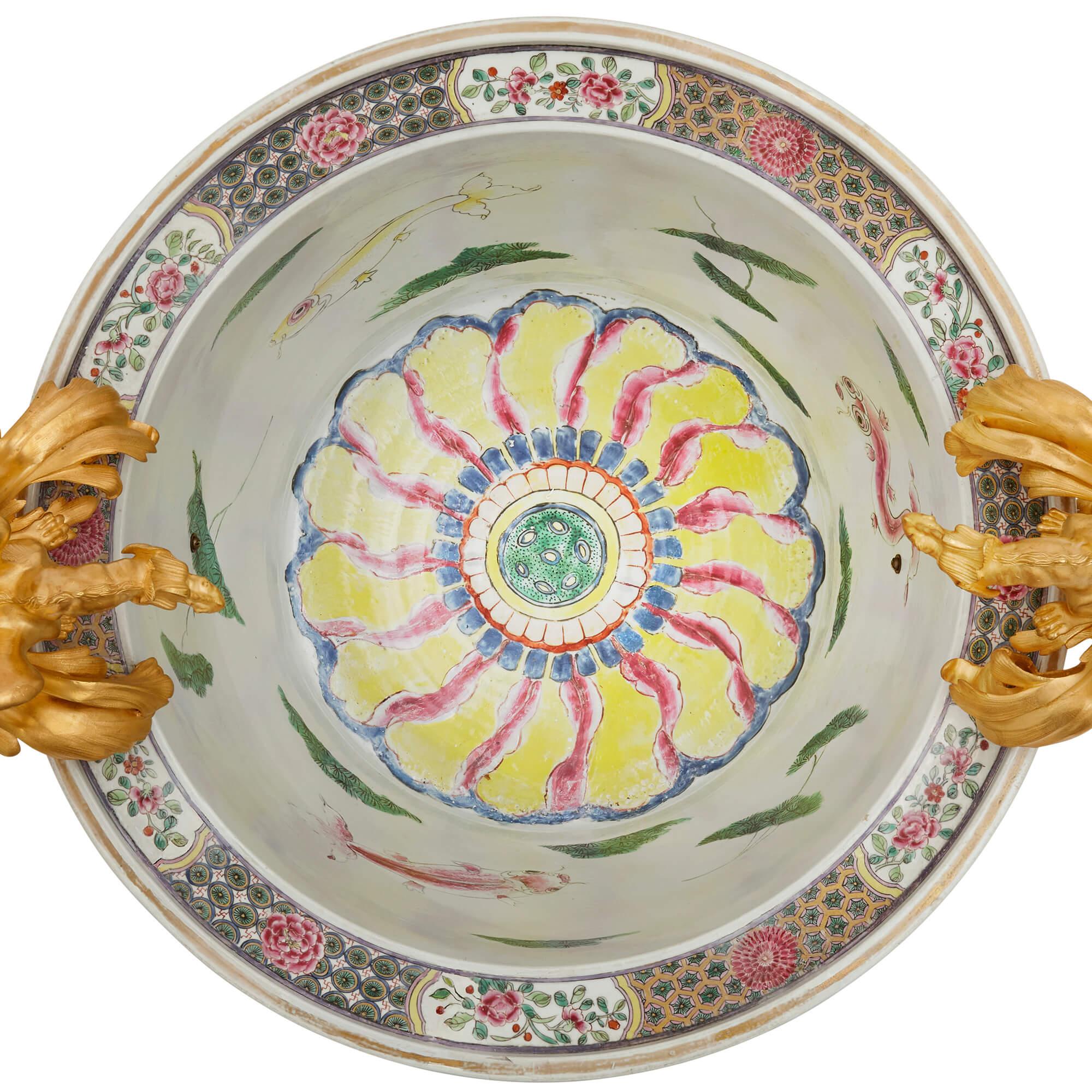Chinese Export Large Ormolu Mounted Chinese Porcelain Jardinière For Sale
