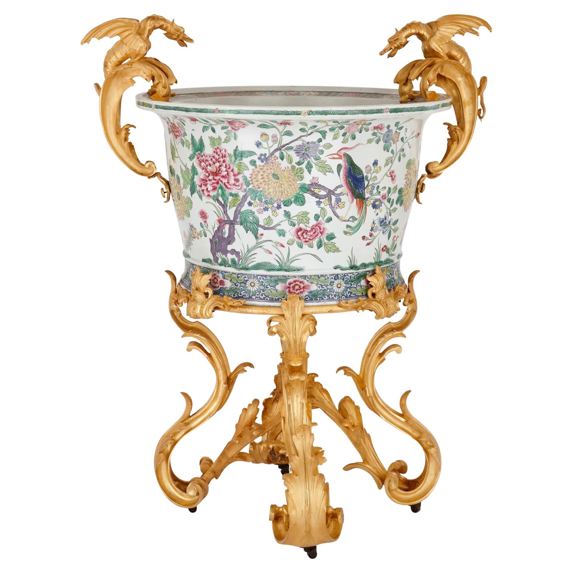 Large Ormolu Mounted Chinese Porcelain Jardinière For Sale