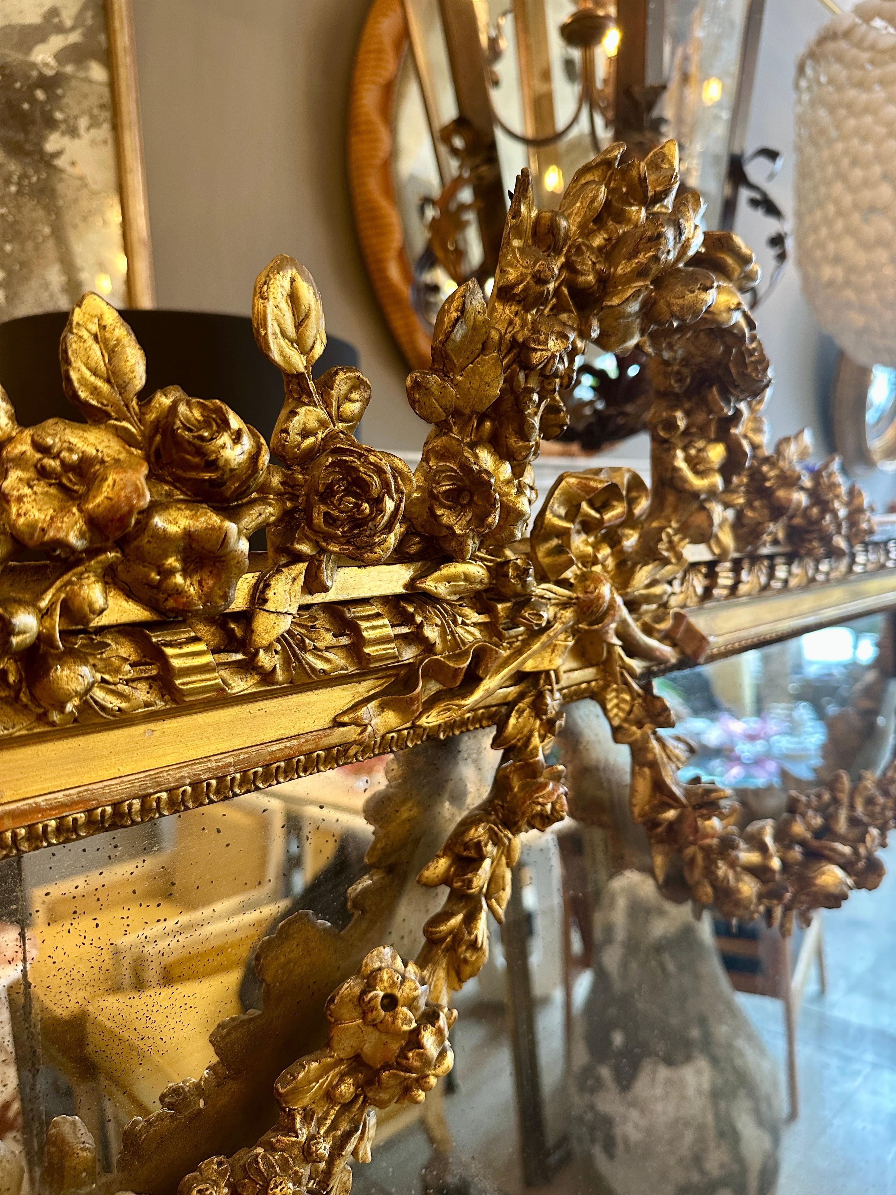 19th Century A Large Ornate French Overmantel Gold Gilt Louis XVI Style Mirror For Sale