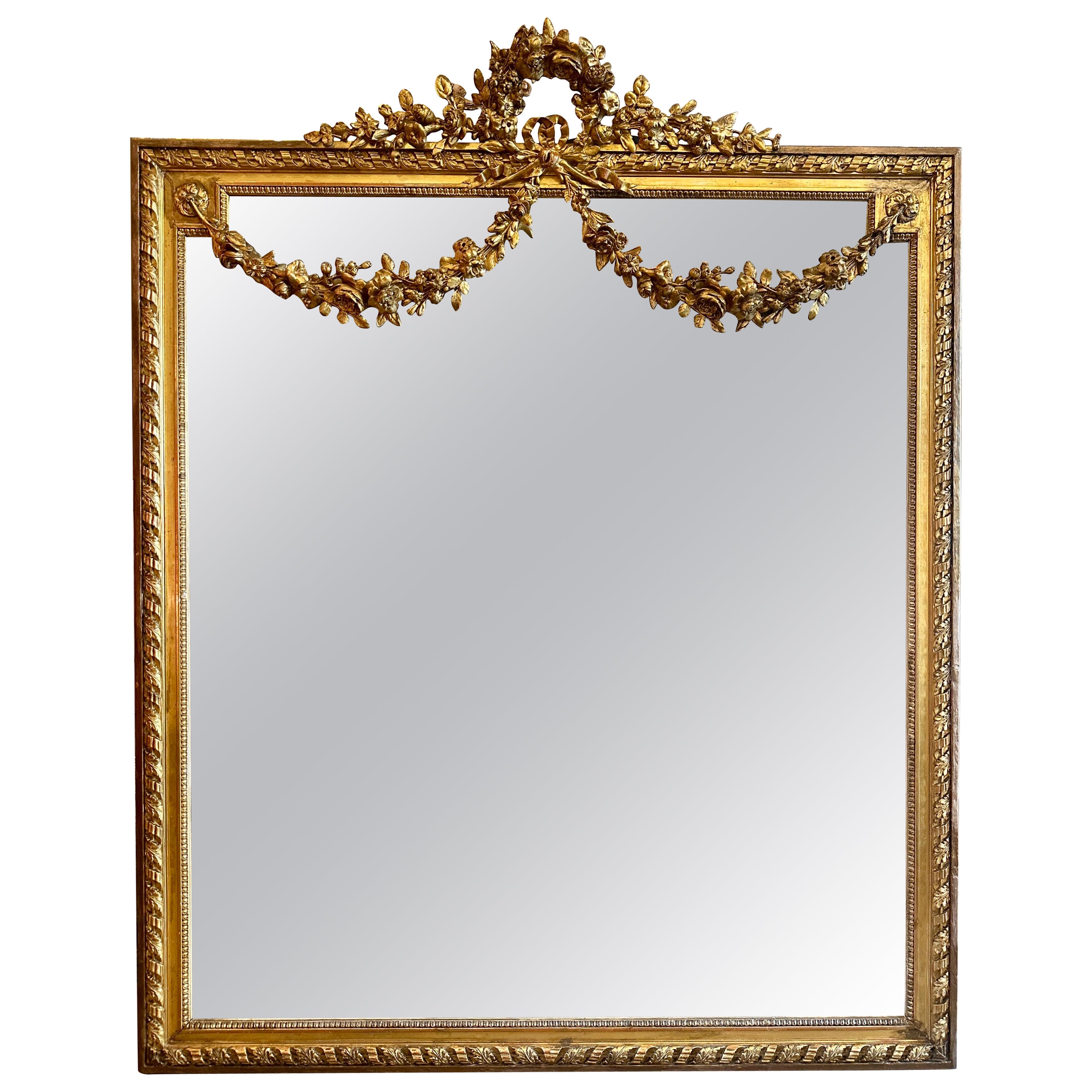 A Large Ornate French Overmantel Gold Gilt Louis XVI Style Mirror