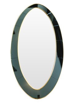 Large Oval Mirror in the Manner of Cristal Arte with Blue Mirror Surround