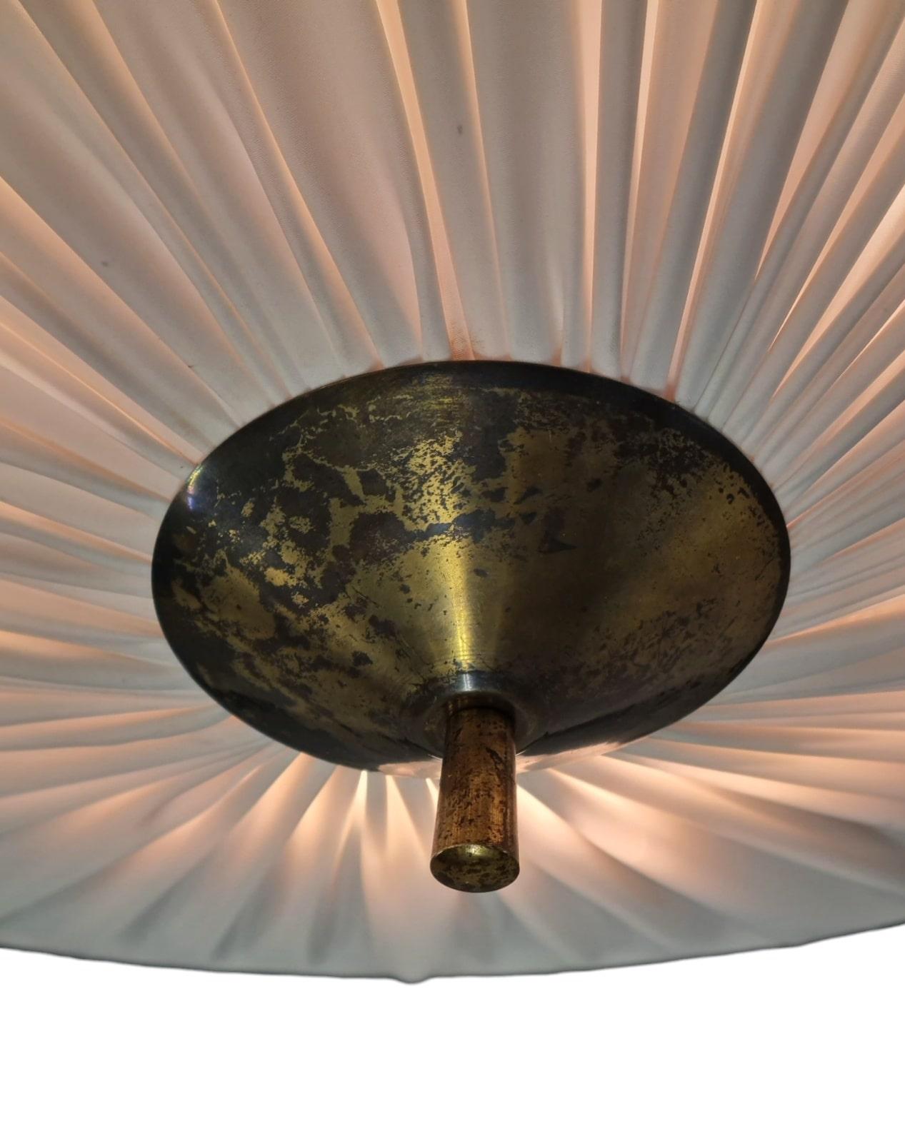 A Large Paavo Tynell Flush Mount Model K5-26 In Brass and Fabric, Idman 1950s 6