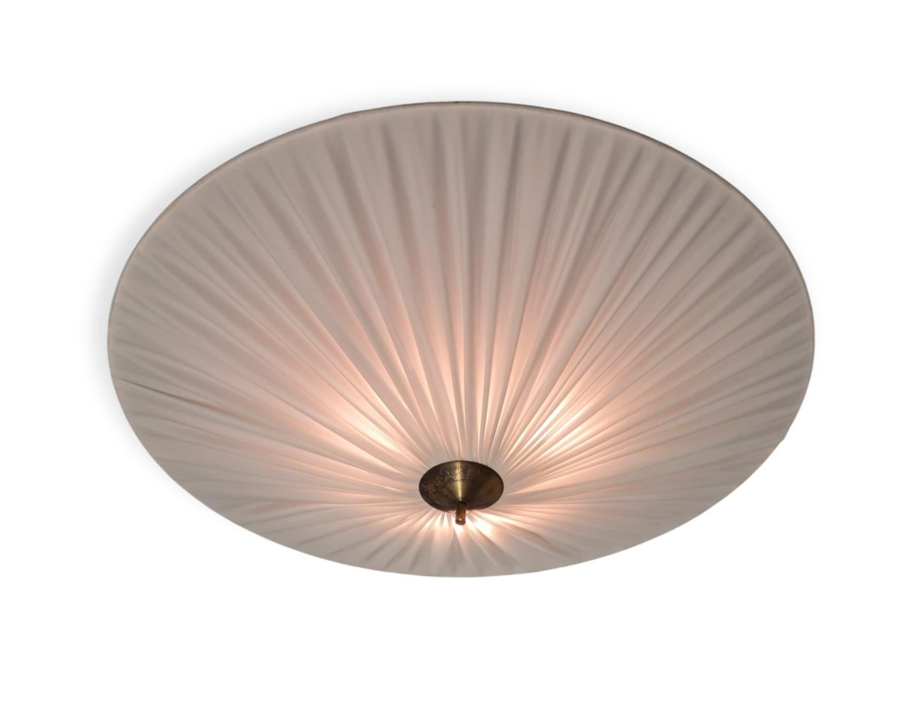 Finnish A Large Paavo Tynell Flush Mount Model K5-26 In Brass and Fabric, Idman 1950s