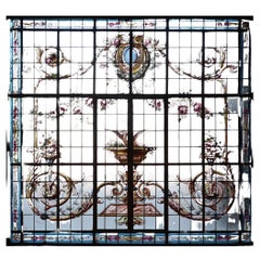 Large Painted and Leaded Glass Window in Iron Frame, circa 1900
