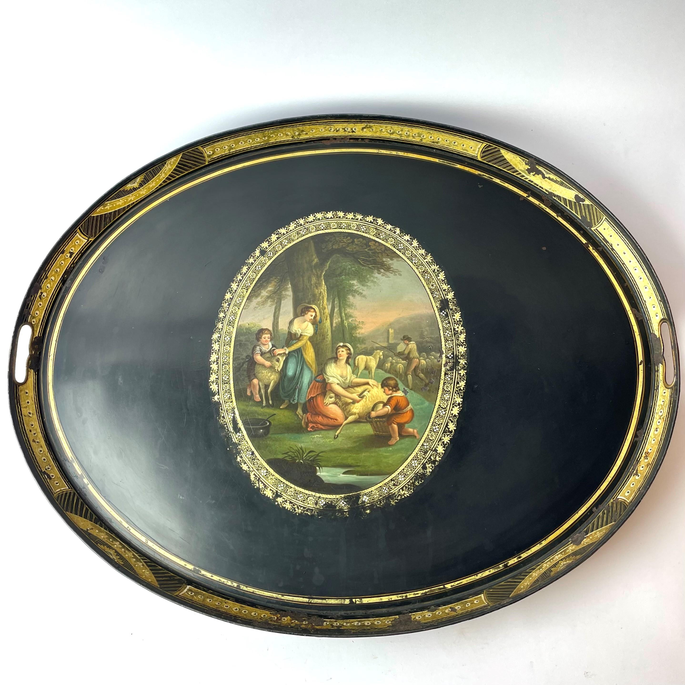 A large and beautiful painted serving tray. Empire, early 19th Century. Made in painted tin plate. 

Some minor color loss and wear damages, but overall in good condition in relation to the age. (See pictures)



Wear consistent with age and use