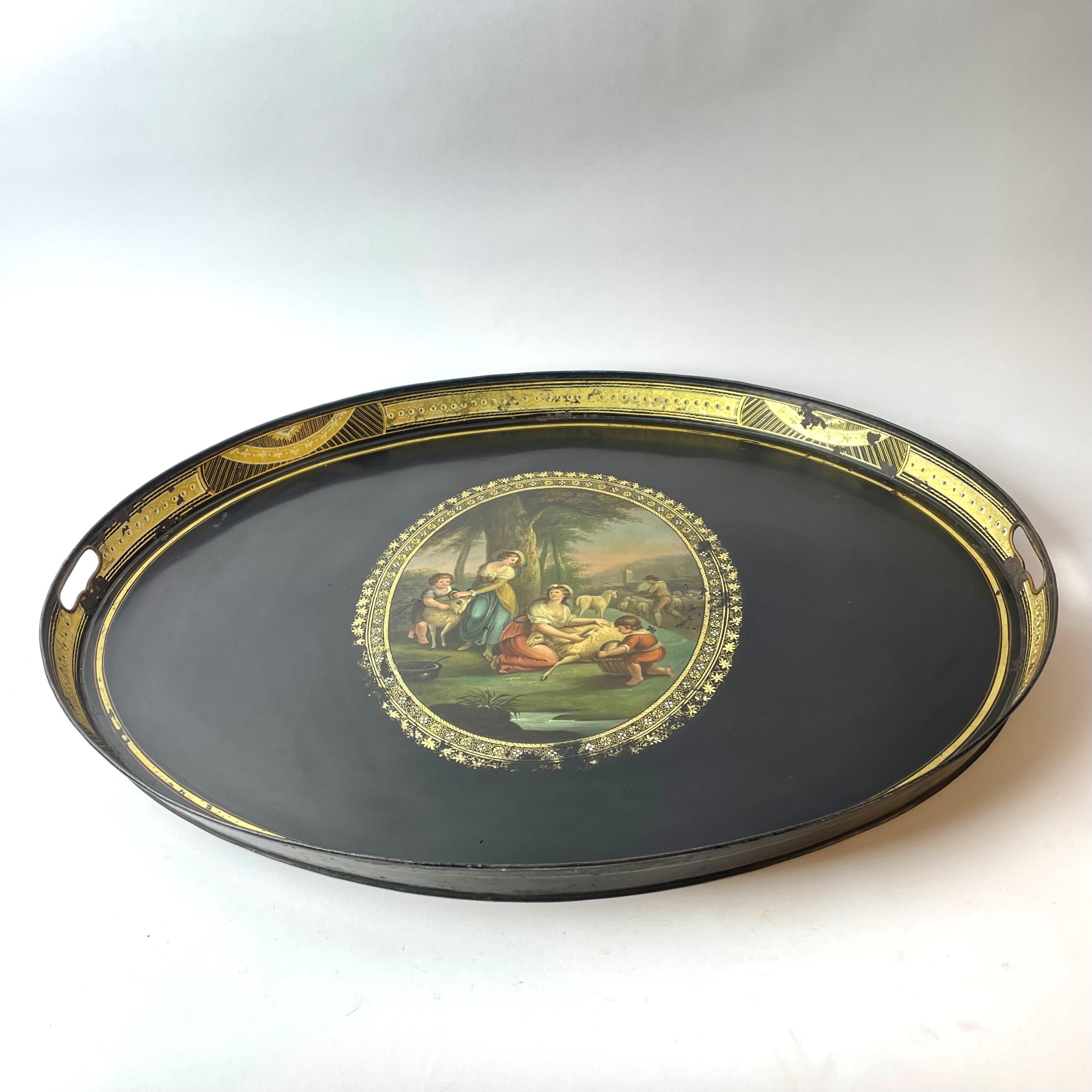 European A large painted Empire, 19th Century serving tray in tin plate  For Sale