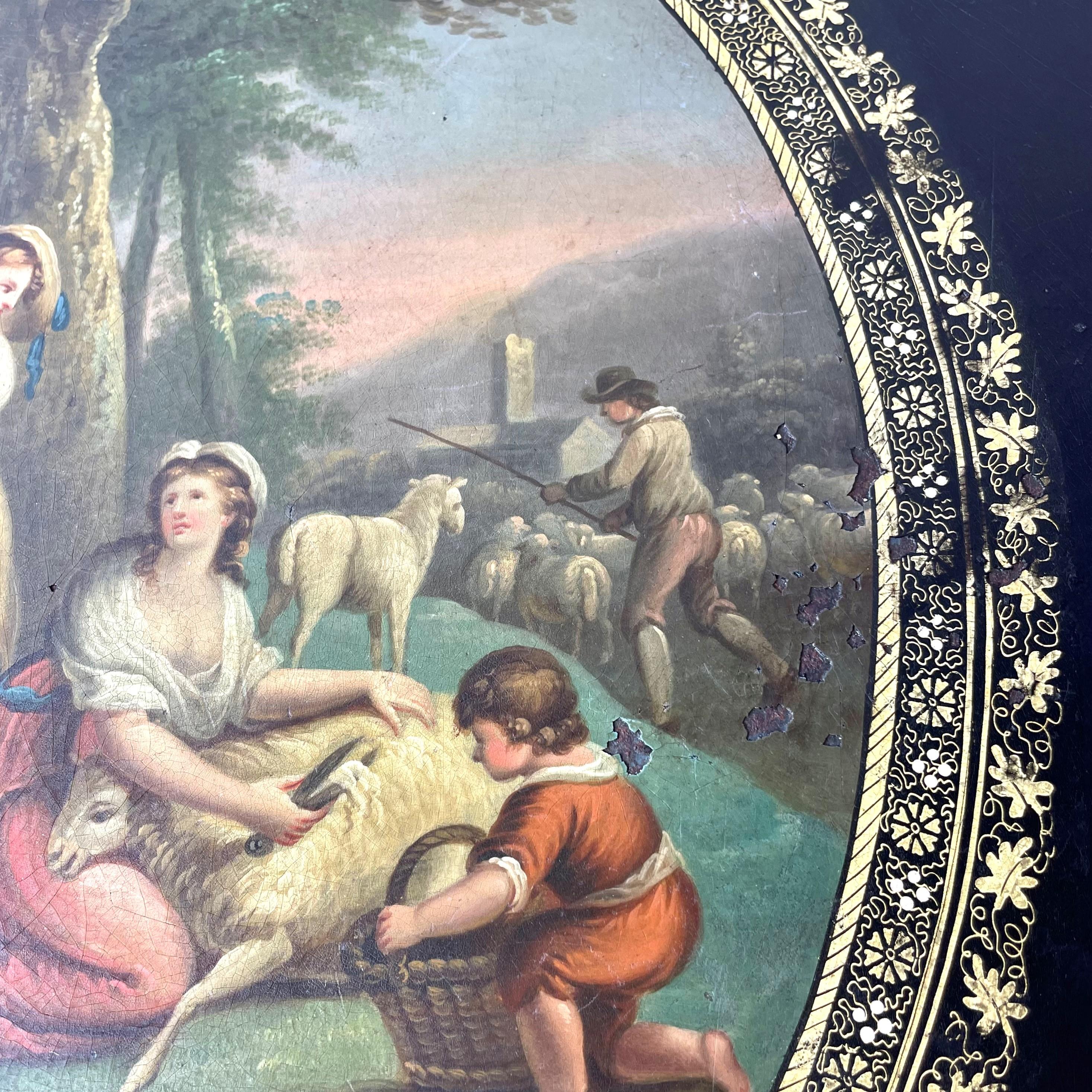 Étain Grand plateau de service Empire peint du 19ème siècle en plaque d'étain  en vente