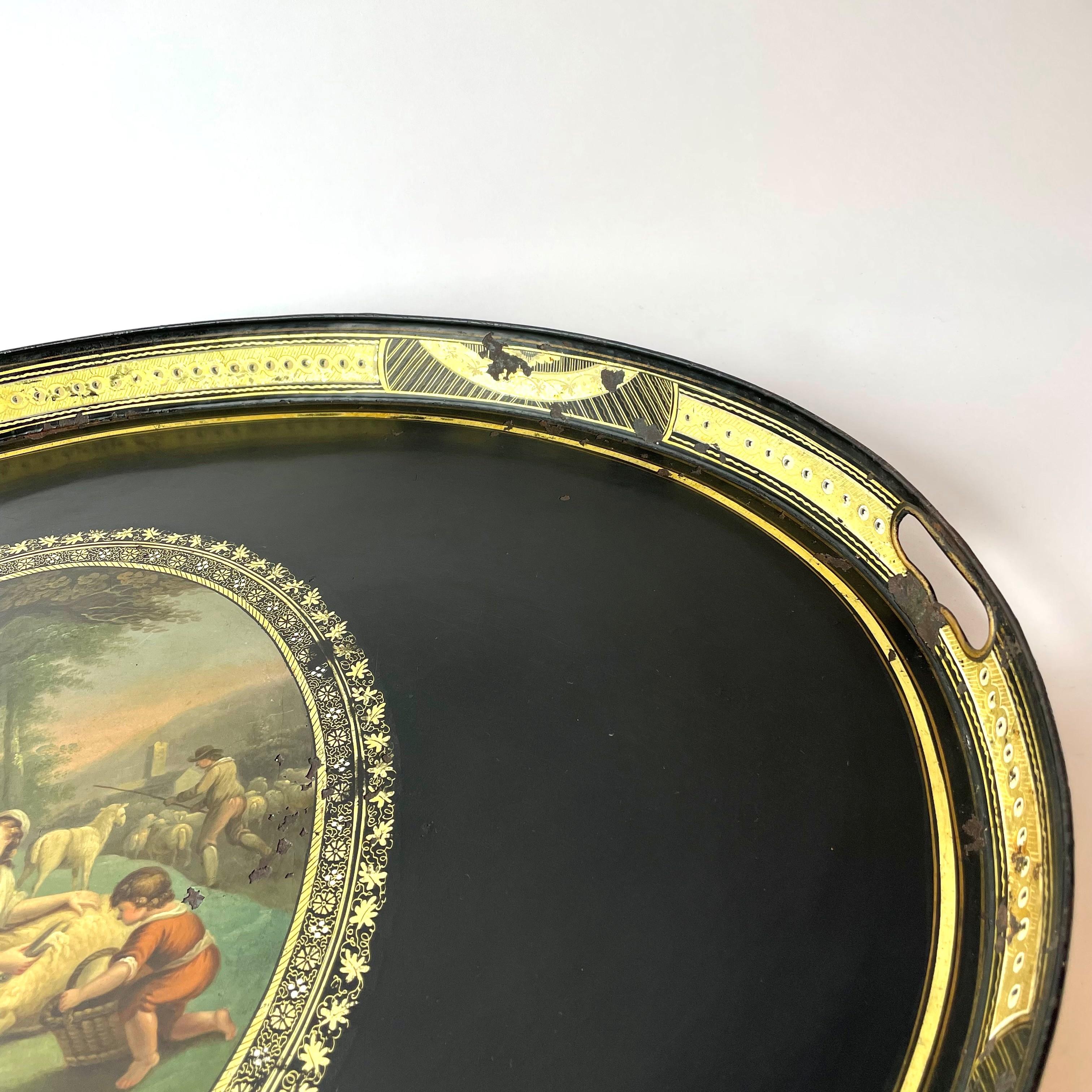 A large painted Empire, 19th Century serving tray in tin plate  For Sale 4