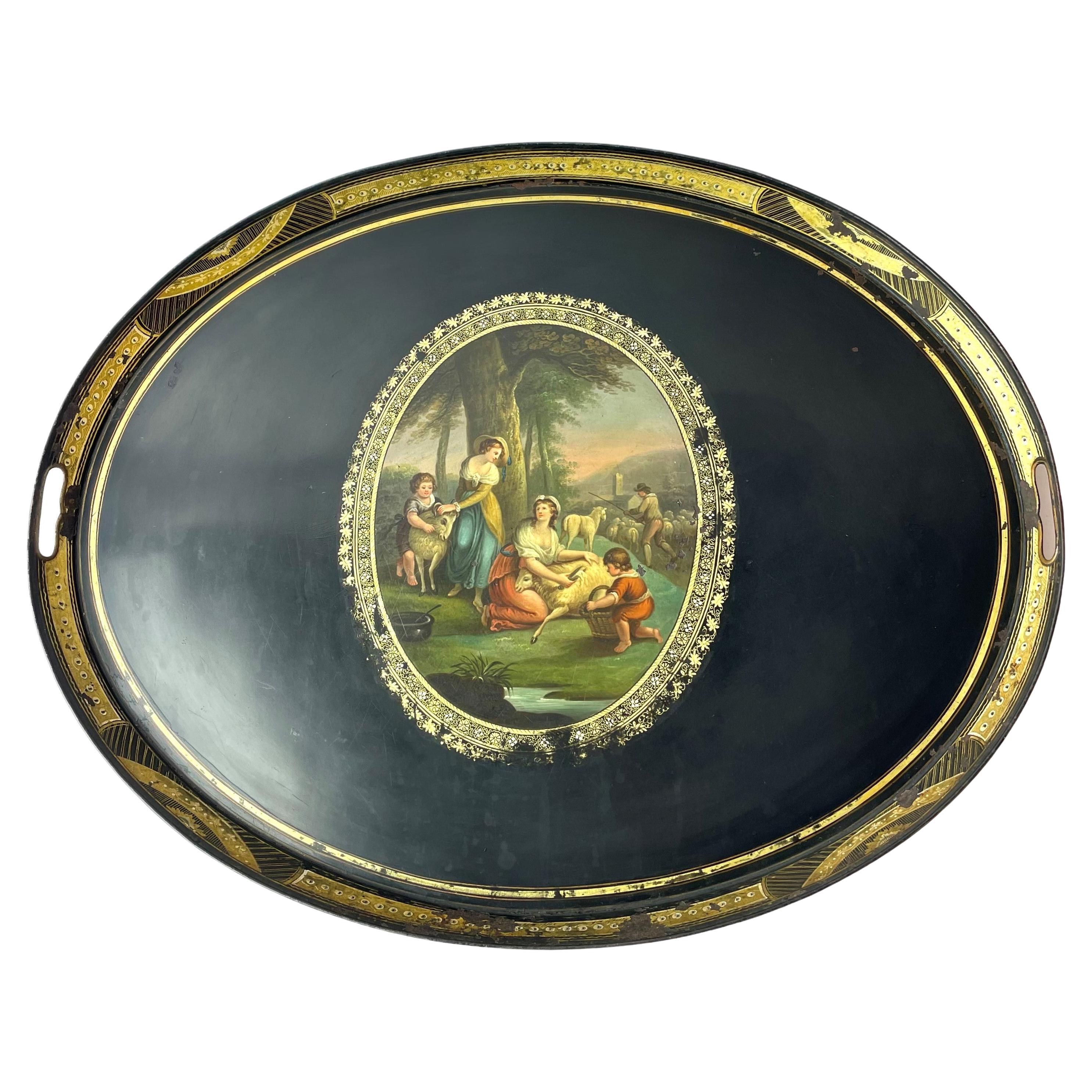Grand plateau de service Empire peint du 19ème siècle en plaque d'étain  en vente