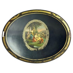 Antique A large painted Empire, 19th Century serving tray in tin plate 