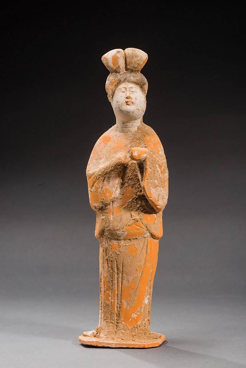 Terracotta with remnants of original painting. 
China, Early Tang dynasty (618 - 907)
High 37,5 cm.

- The result of the thermoluminescence test number 05210210 form R. Kotalla Laboratory, is consistent with the dating of the item. 

Note: A