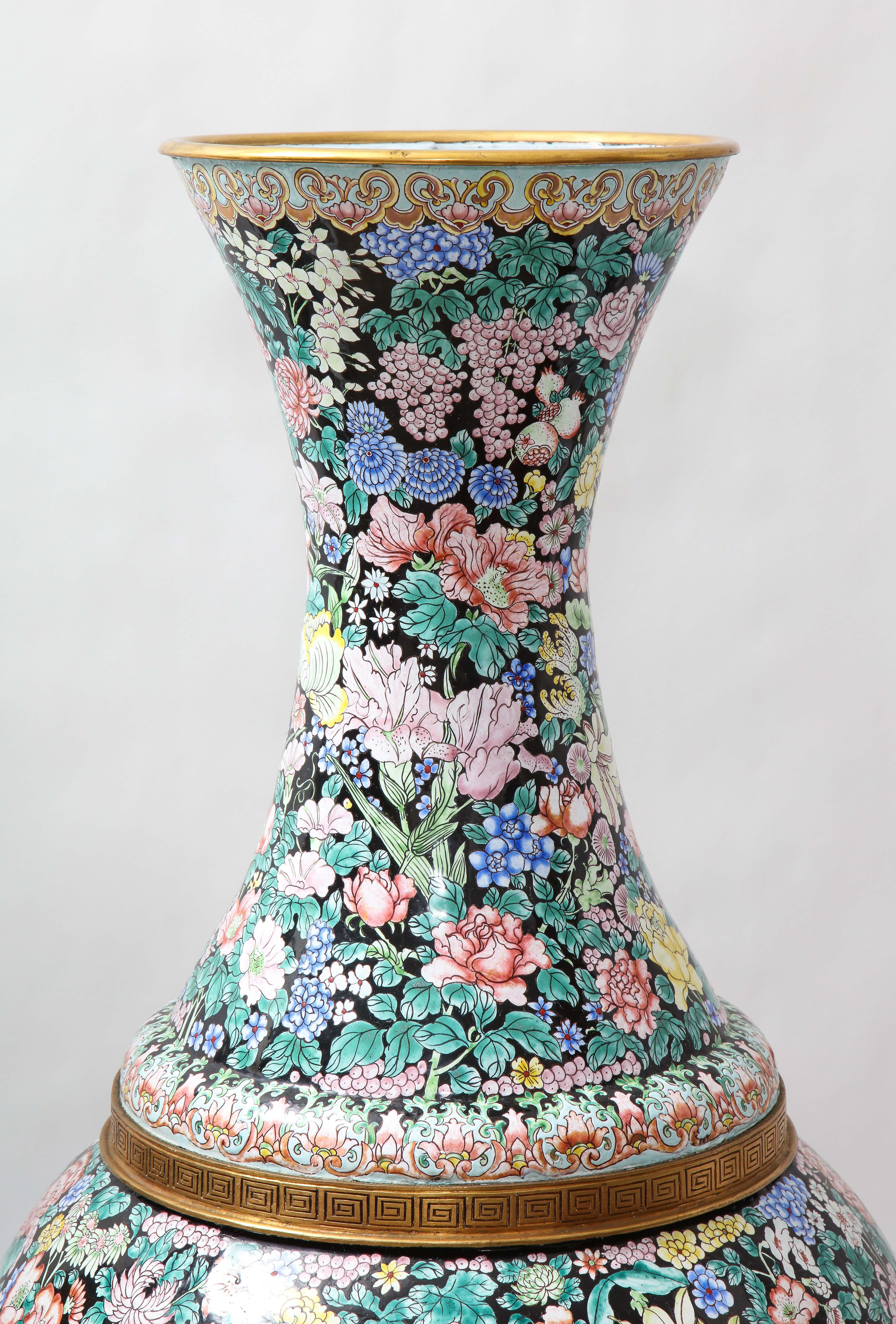 Large Pair Chinese Famille Noir Canton Enamel Vases Painted W/ Flowers & Fruit 6